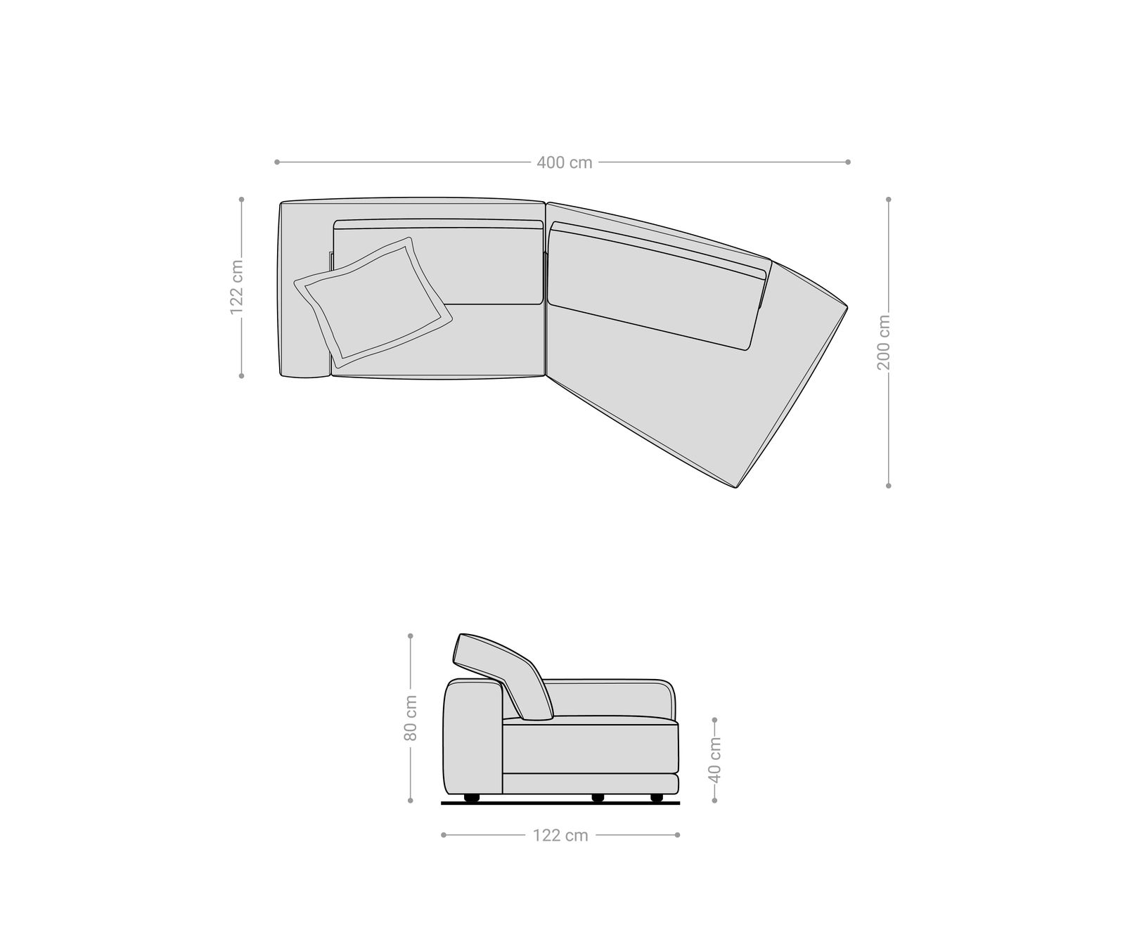 Голям диван Snoosh 400x150 cm текстурирана тъкан меко сиво Recamiere дясно 9