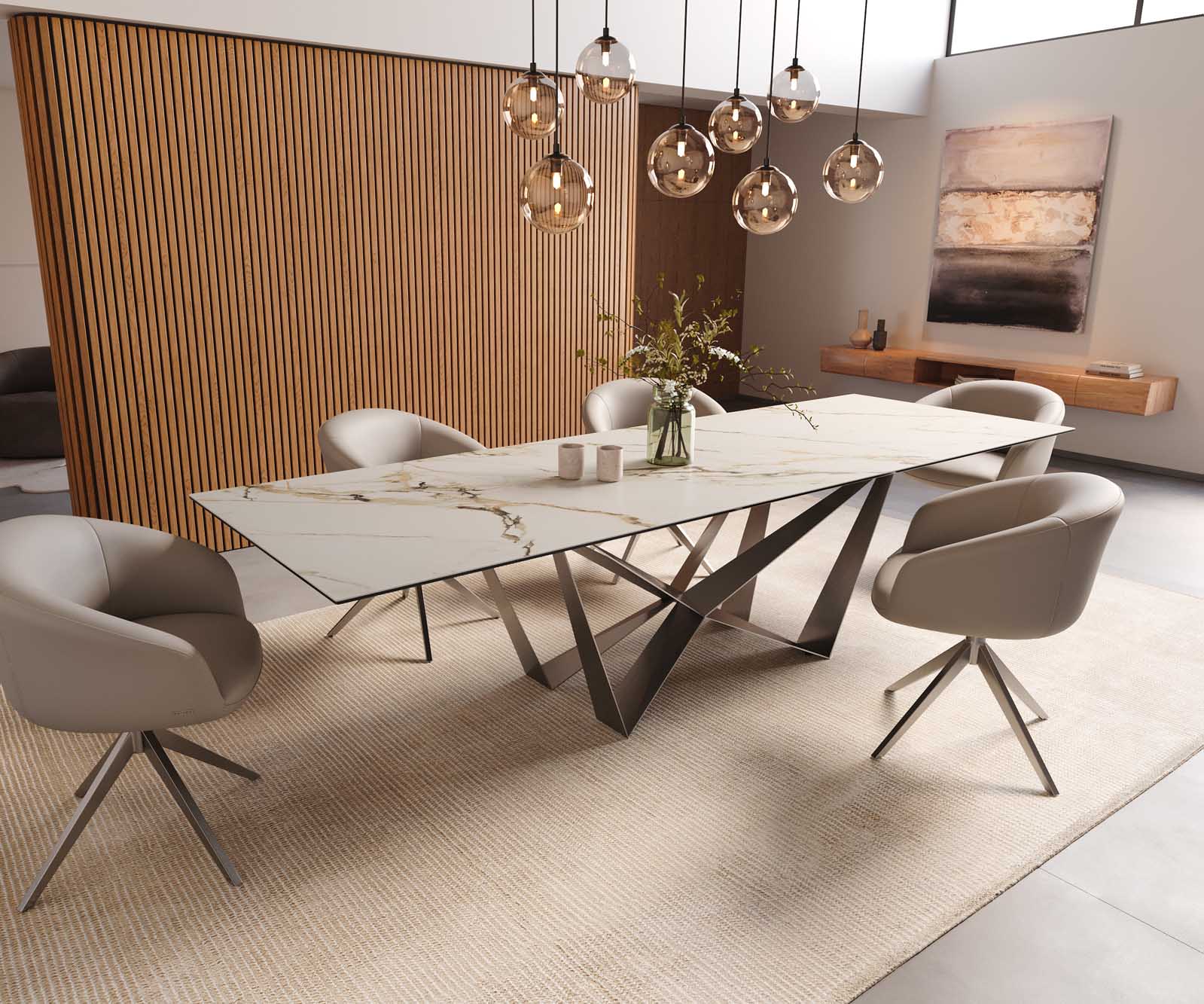 Трапезна маса Edge 300x100, керамика Calacatta Luxe, бяло-златно-сиво, Spider, плоска стомана, неръждаема стомана 8