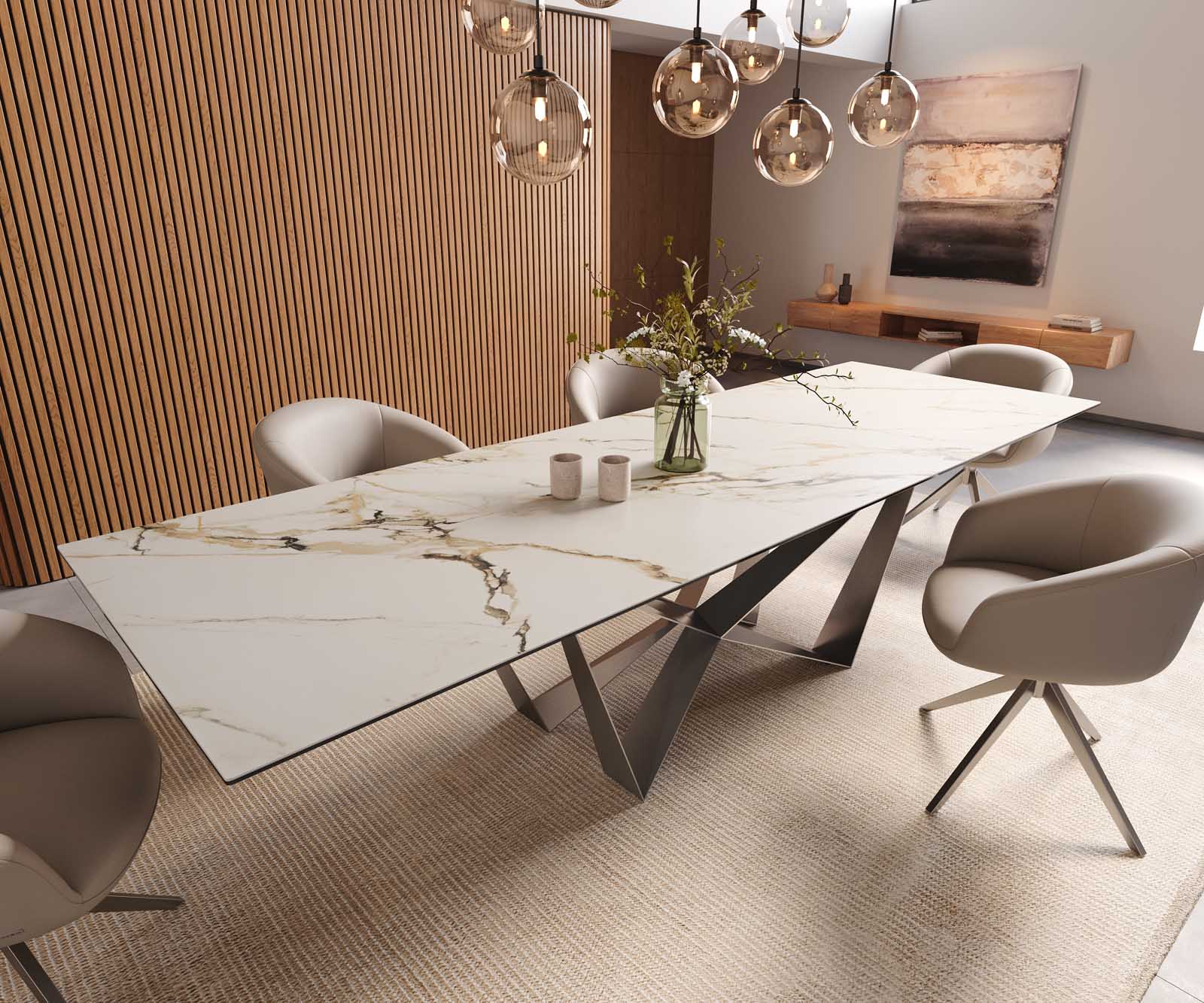 Трапезна маса Edge 300x100, керамика Calacatta Luxe, бяло-златно-сиво, Spider, плоска стомана, неръждаема стомана 1