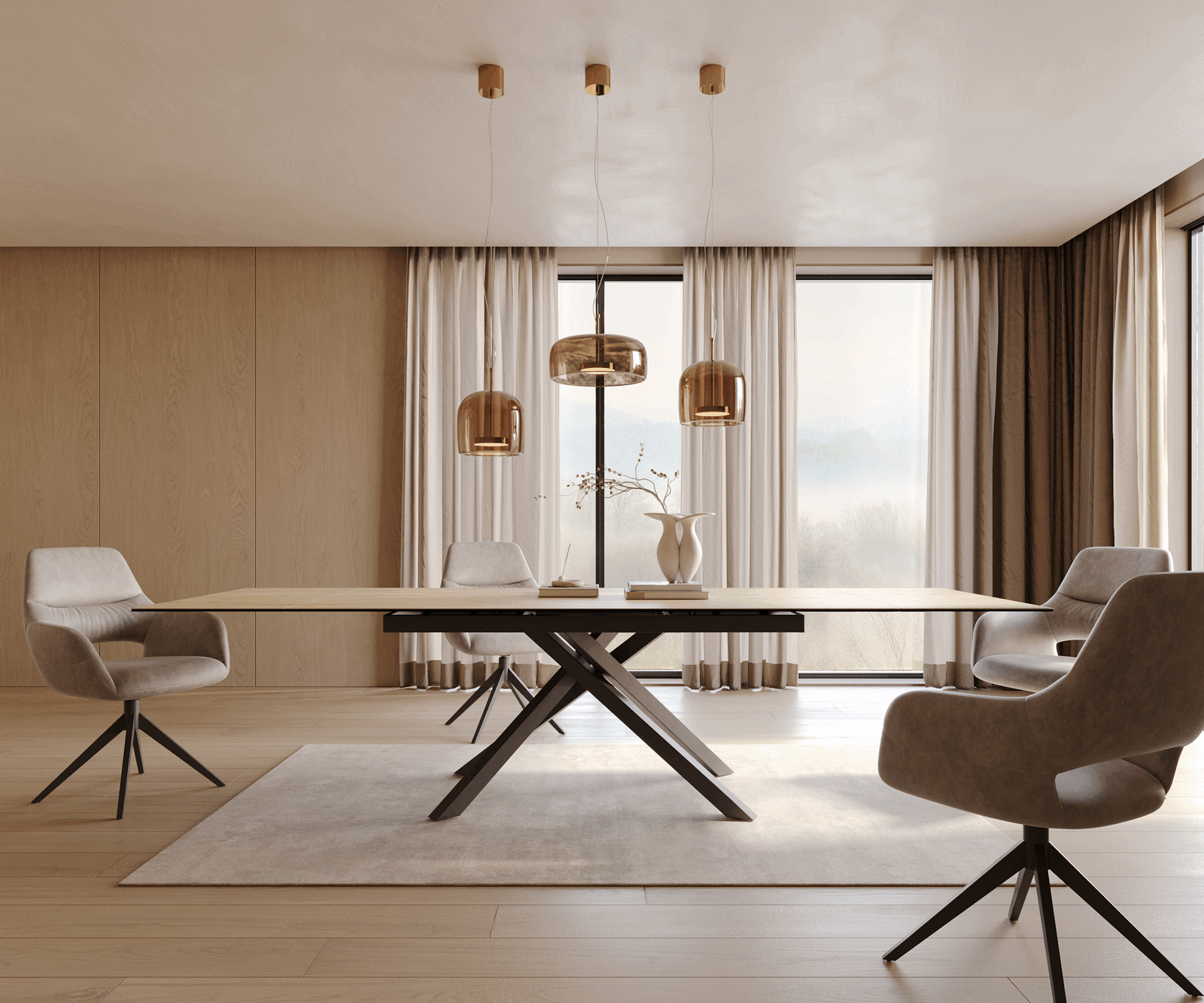 Разтегателна трапезна маса Edge 200-300х100 см Керамика Laminam® Sabbia цвят Дъб Кръсртовидна основа Черен 2