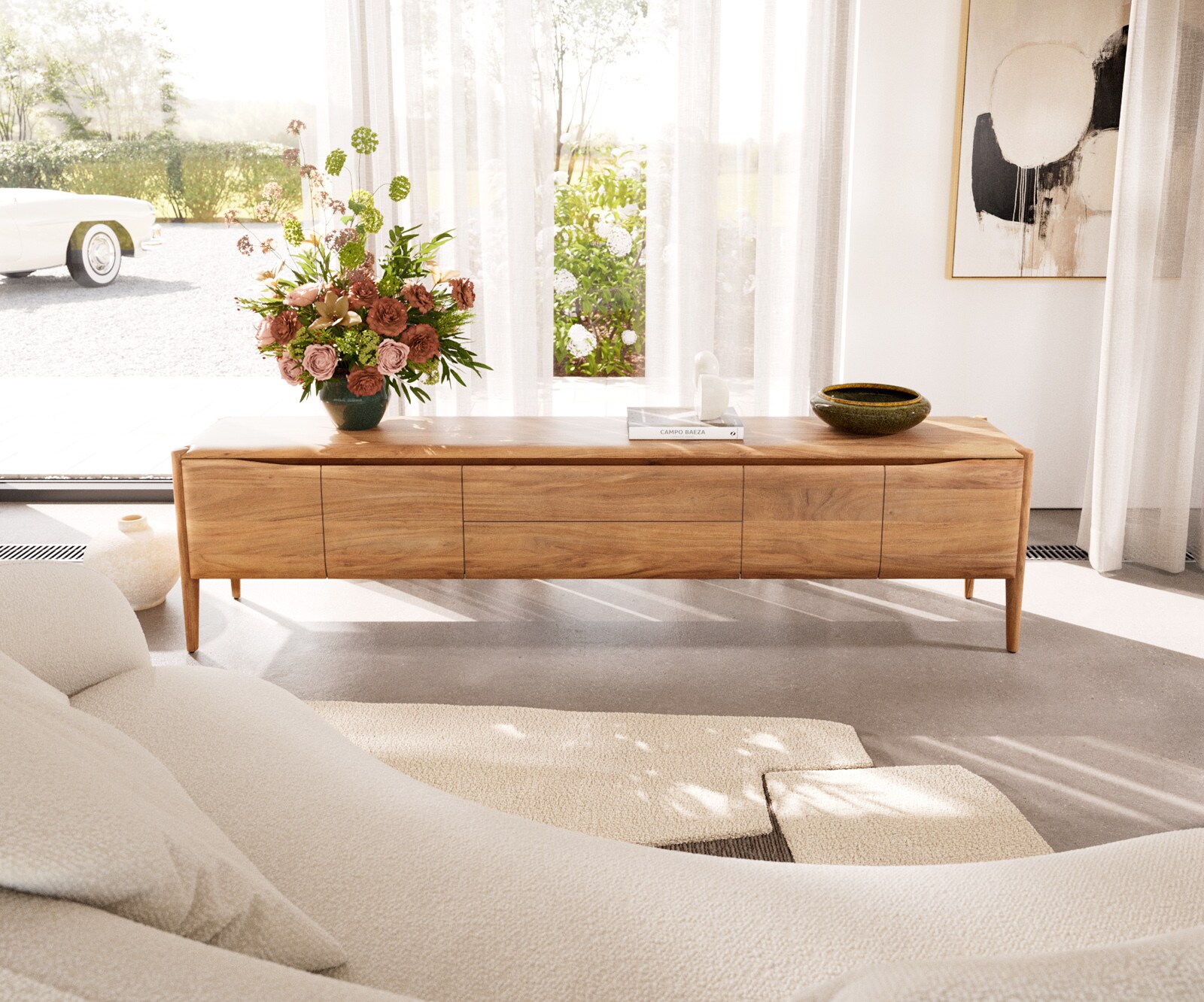 Нисък шкаф Simcha 220 cm естествена акация 4 врати 2 чекмеджета 2