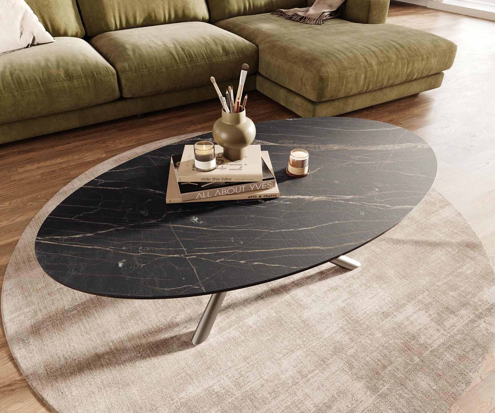 Масичка за кафе Edge Oval 140x80 cm керамика Laminam® Noir Desir Brown Sarity матирана неръждаема стомана 4