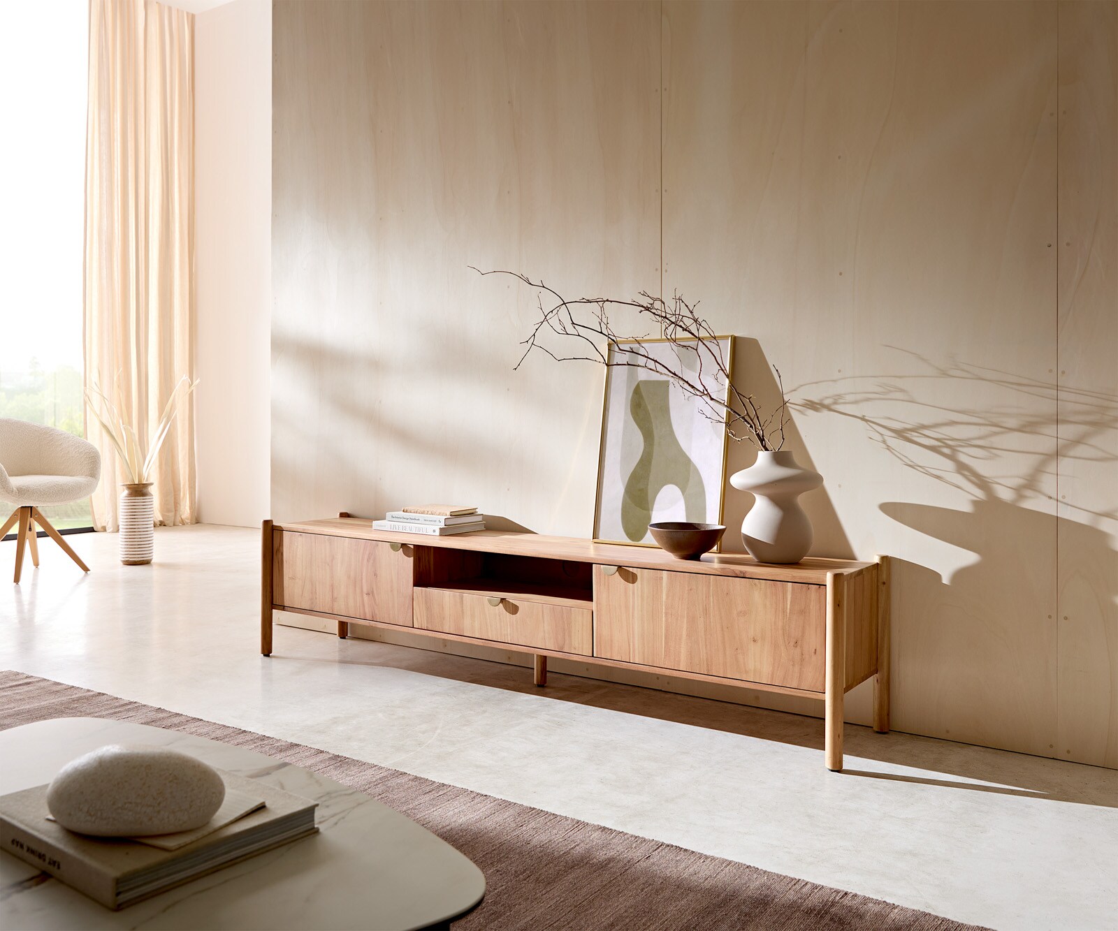 Нисък плот Caius 200 cm Acacia Aura 2 врати 1 чекмедже 1 отделение