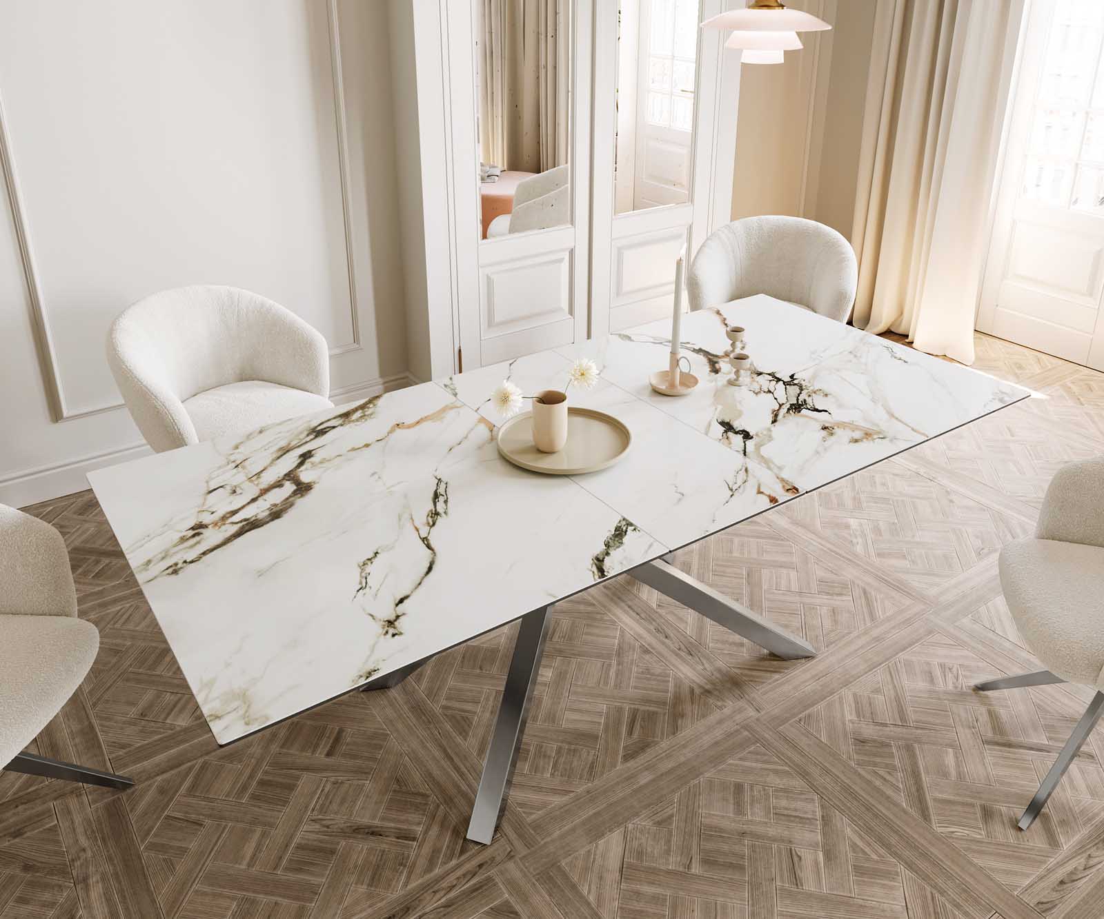 Разтегателна трапезна маса Edge 180-220х100 см Керамика Calacatta Luxe Бял-Злато-Сив Кръсртовидна основа Сребристосив 5