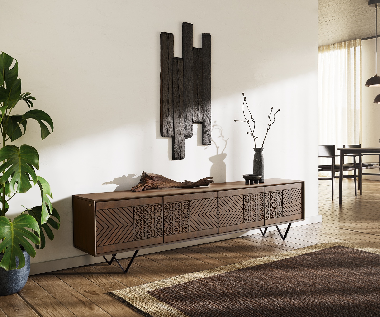 ТВ шкаф Manjula 200 см манго кафяво 4 врати V-образен метален крак черен 1