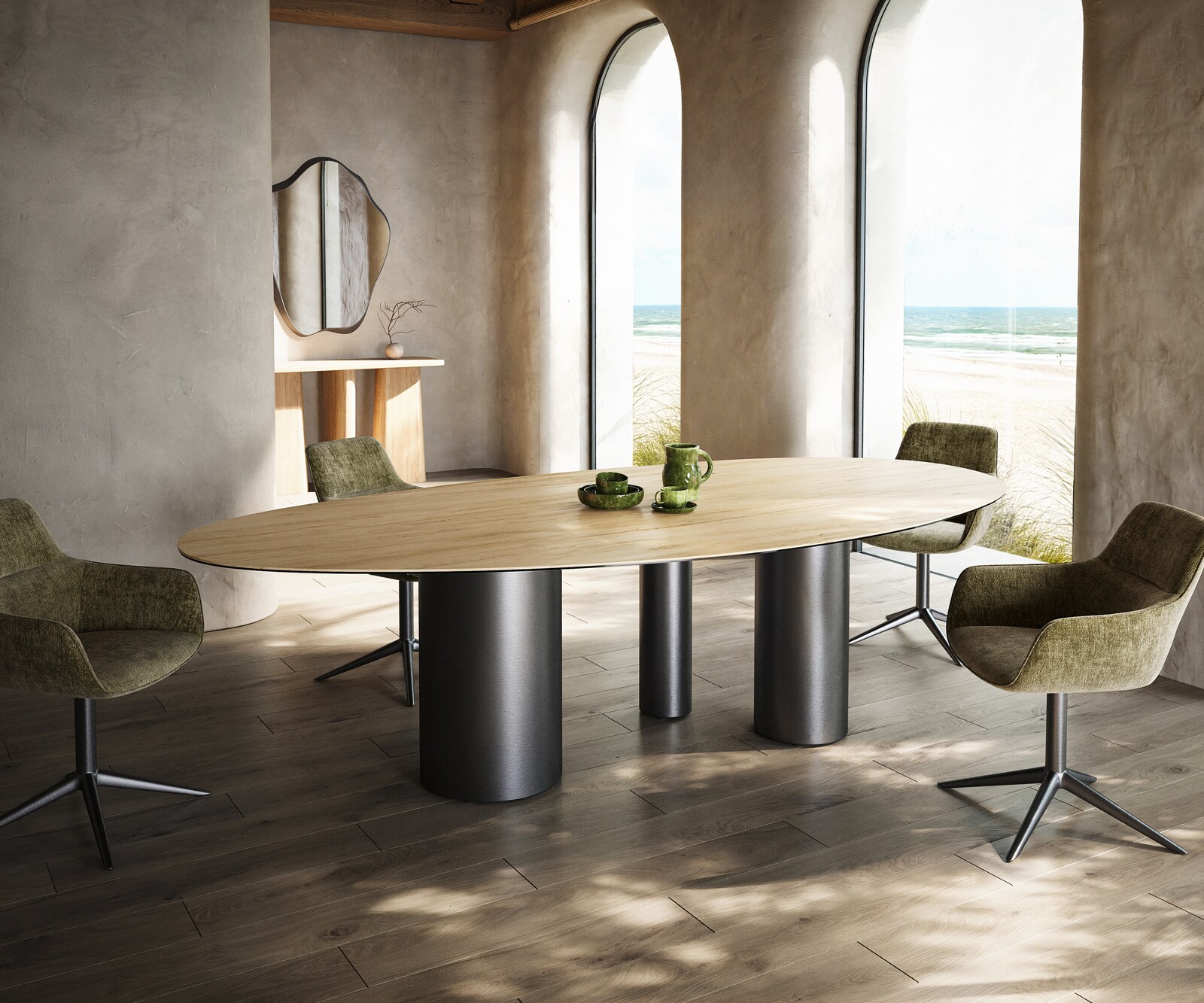 Трапезна маса Edge Oval 280x130, керамика Laminam „®“, цвят „Sabbia“ (дъбов), „Troa“, неръждаема стомана, графит