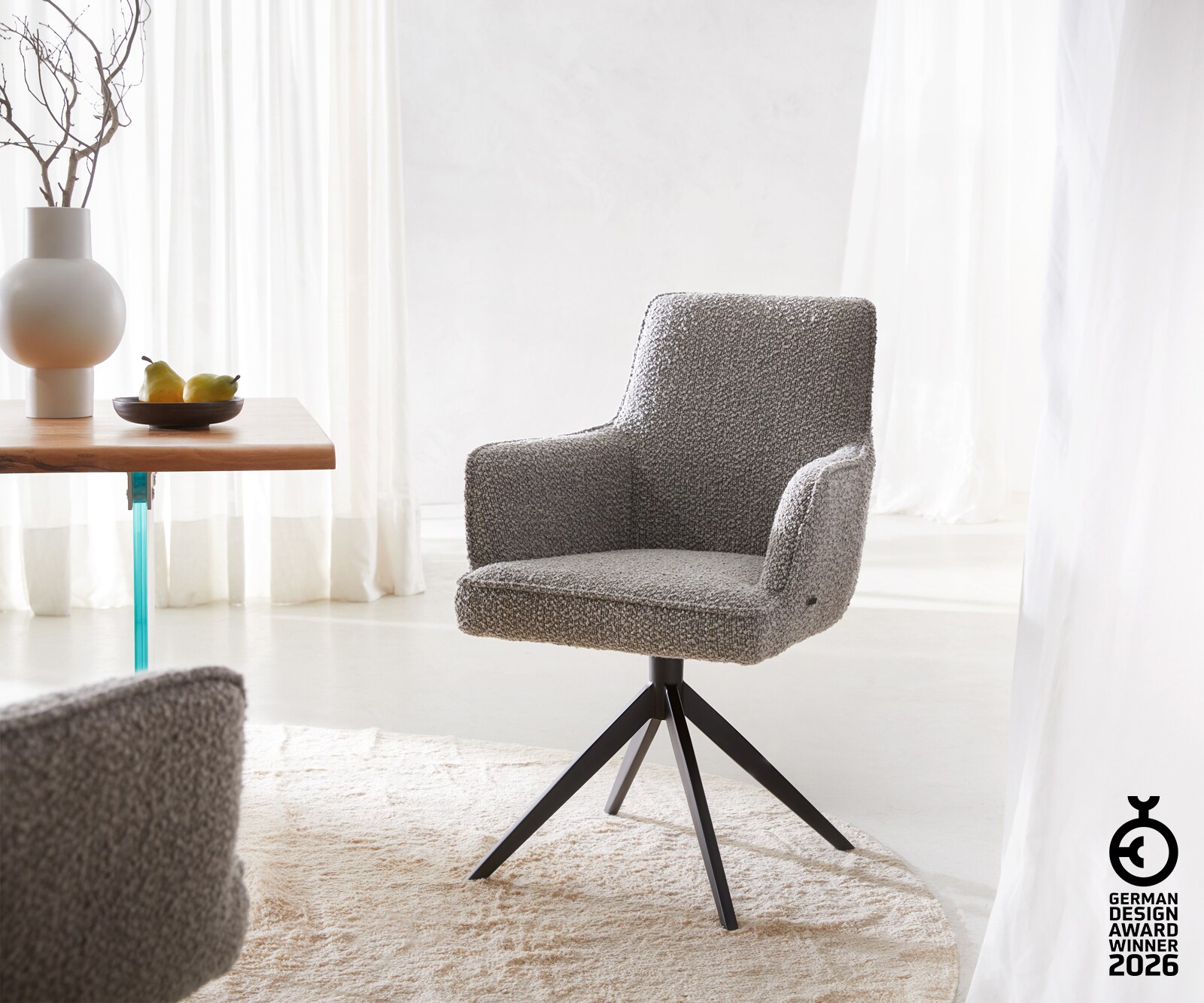 Врътящ се стол с подлакътници Букле СребристСив Конус крак плосък Черен 360° въртящ се Покет пружина Heira-Flex