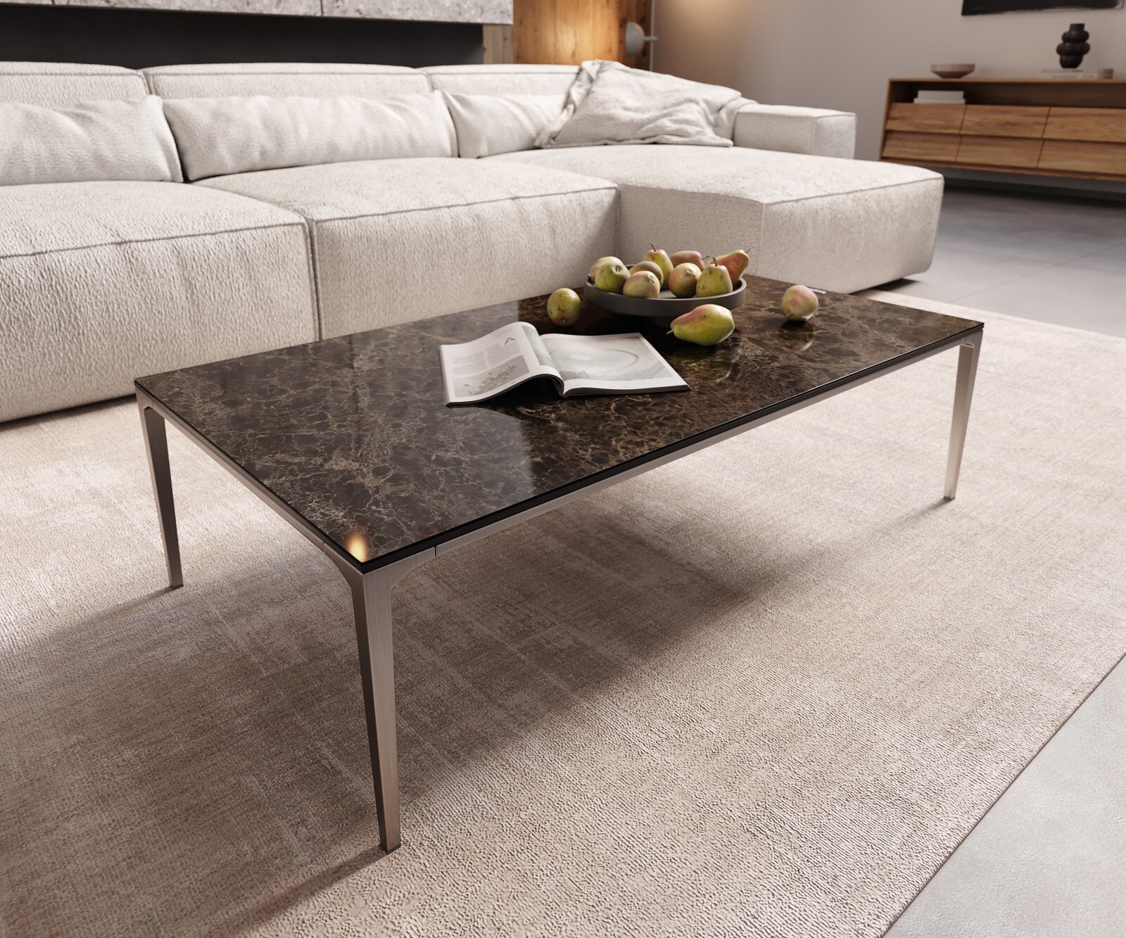 Масичка за кафе Levente 110x60 cm Керамичен ламинат®Emperador Extra Lucidato Тъмно кафяво Рамка от неръждаема стомана сребро