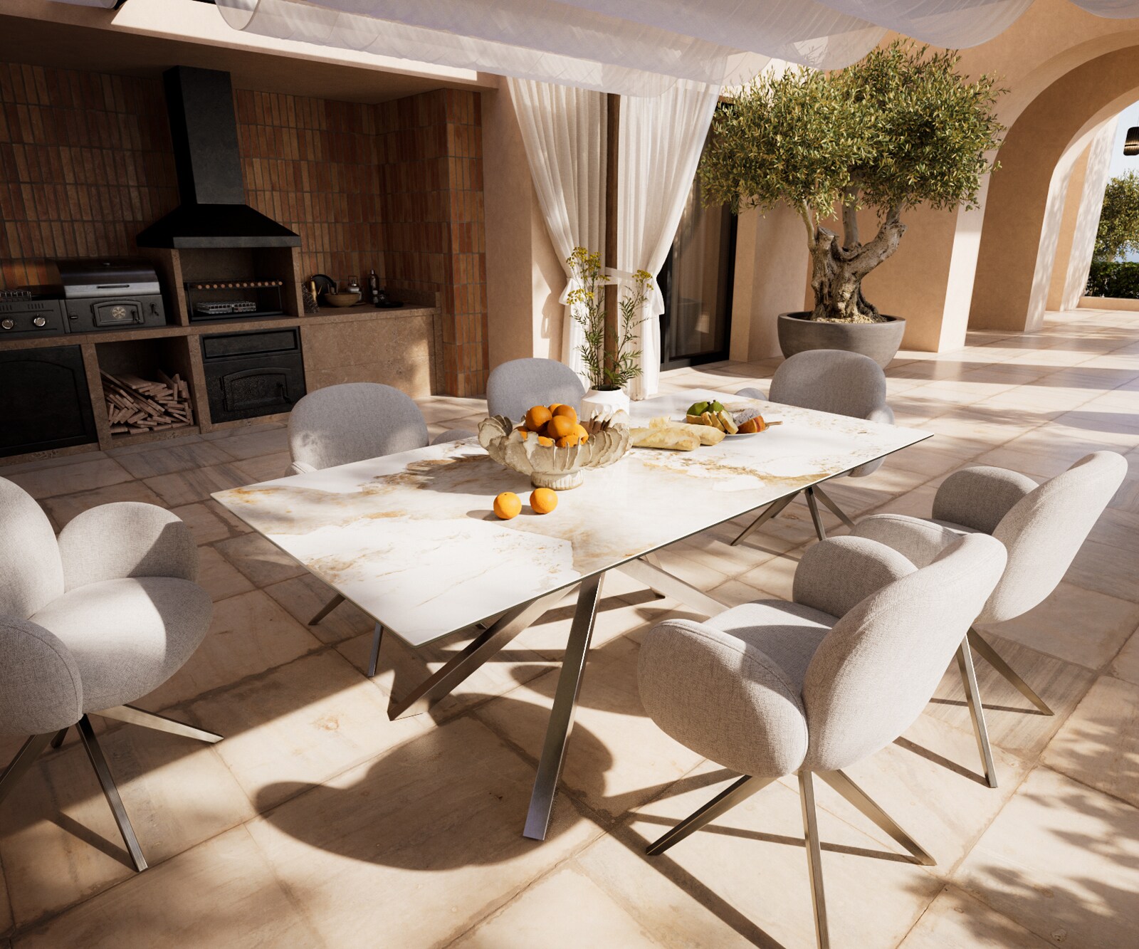 Маса Edge 200x100 см, керамика Minas Melange, бяло-бежова, подходяща за външна употреба. кръстообразна рамка, правоъгълна, неръждаема стомана 2