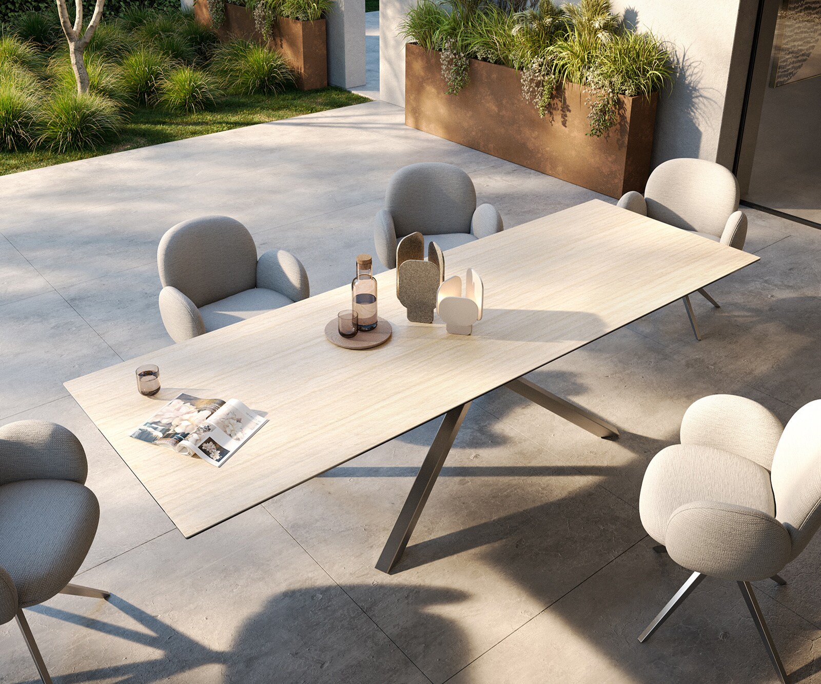Луксозна външна маса Edge 300x100 см, керамичен правоъгълен плот Laminam ® Travertino Bianco, Кръстовидна основа, Крем-бяло/Сребристосив 3