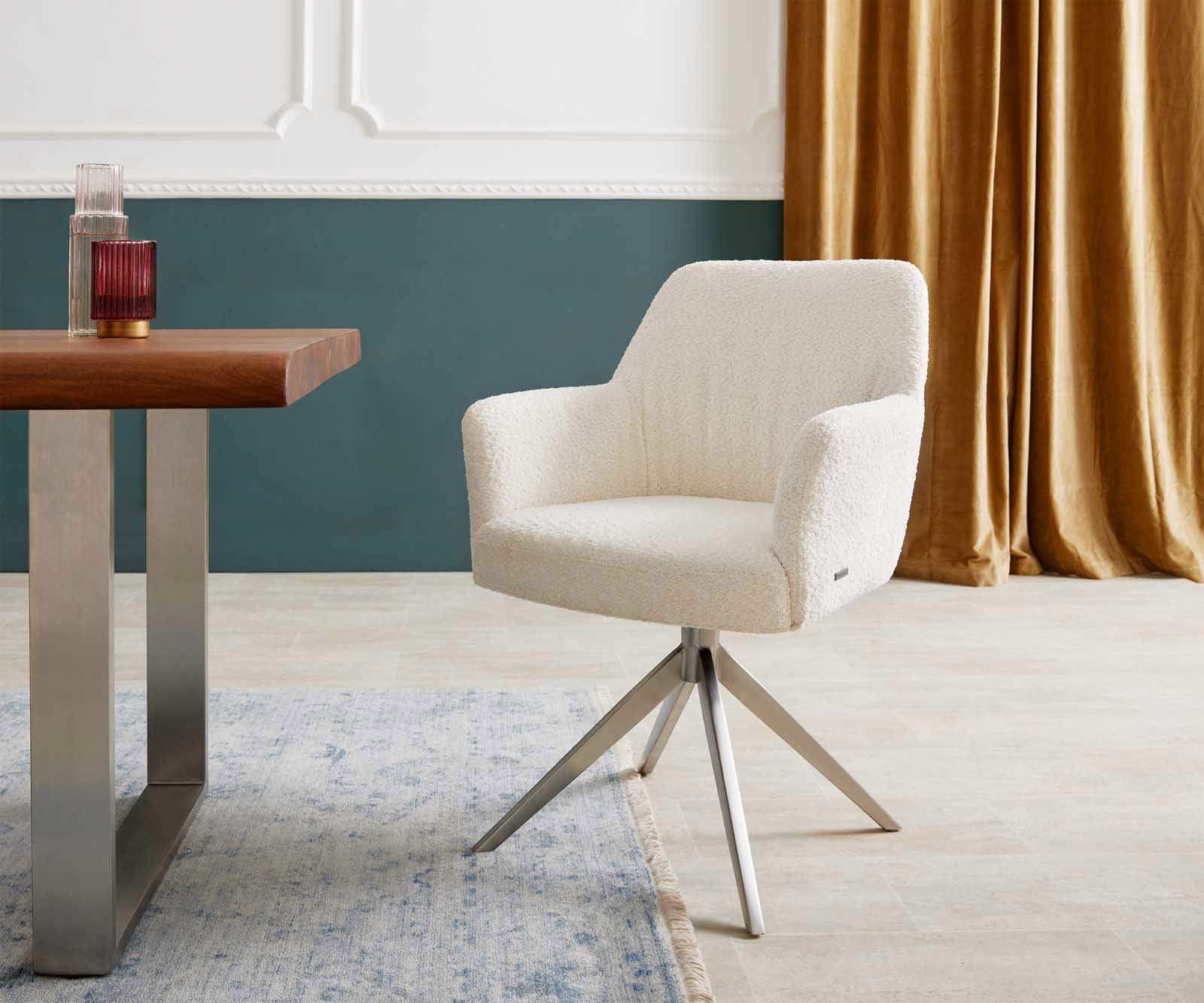 Врътящ се стол с подлакътници Букле Бял Конус крак плосък Неръждаема стомана 360° въртящ се Покет пружина Xana-Flex Врътящ се стол с подлакътници Букле Бял Конус крак плосък Неръждаема стомана 360° въртящ се Покет пружина Xana-Flex