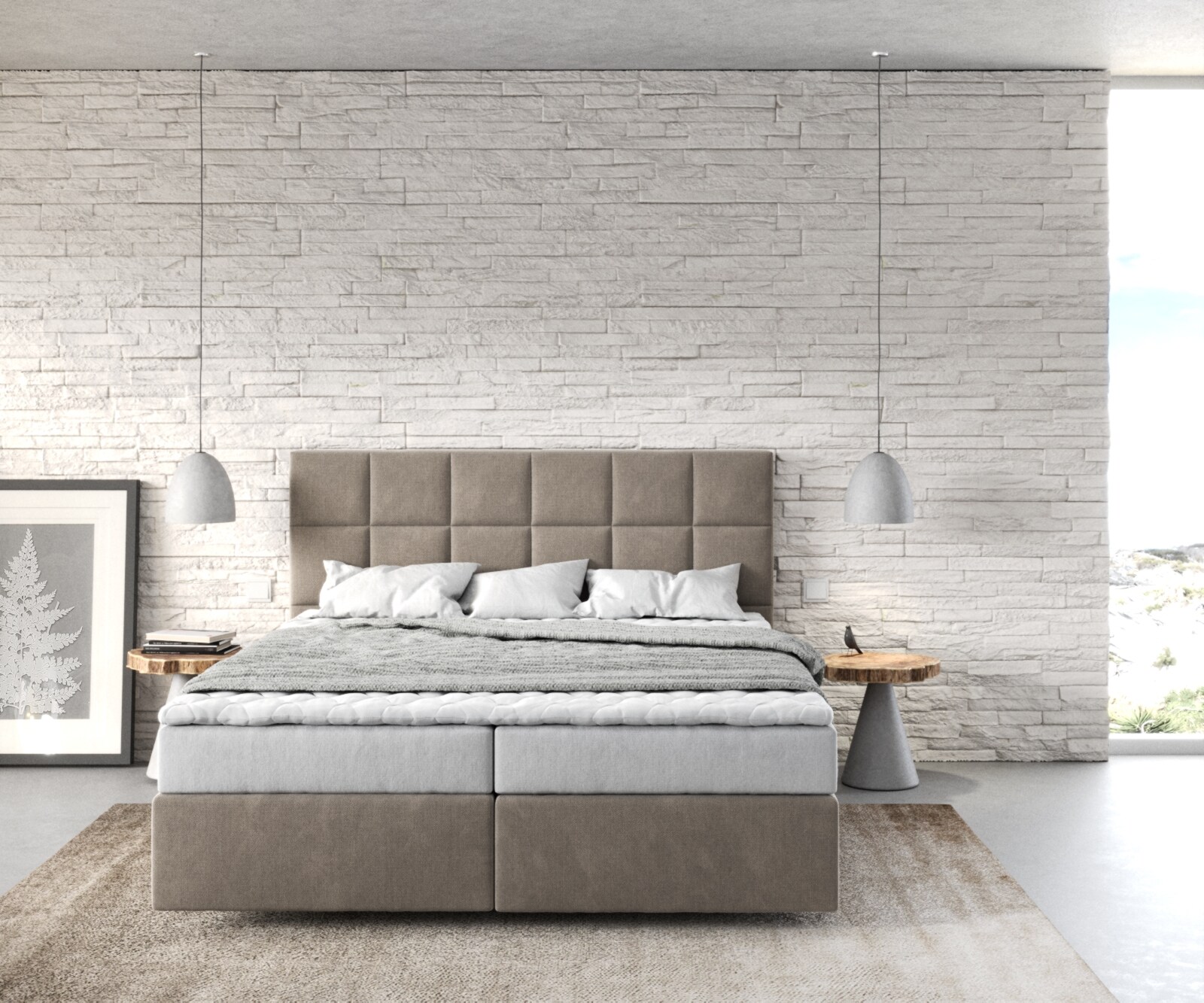 Легло Боксспринг 160x200 cm Микрофибър Бежов с Матрак и Топер Dream-Fine 1
