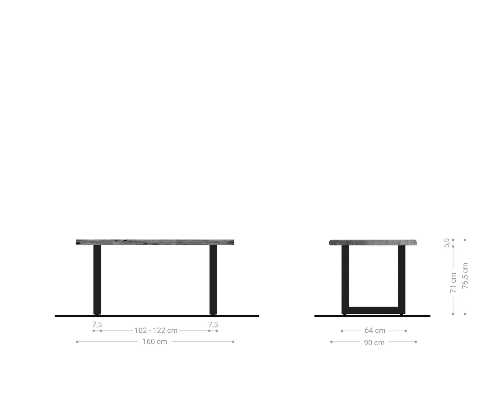 Трапезна маса Edge 160x90 см XL, естествена акация, неръждаема стомана, широка, с естествени ръбове 5