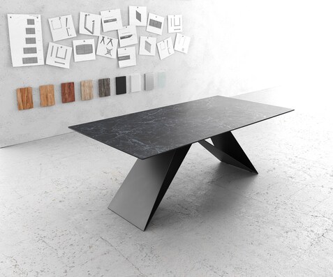 Трапезна маса Edge 200x100 см, керамика Laminam „®“, „Nero Greco“, антрацит, с V-образна централна опора в черно
