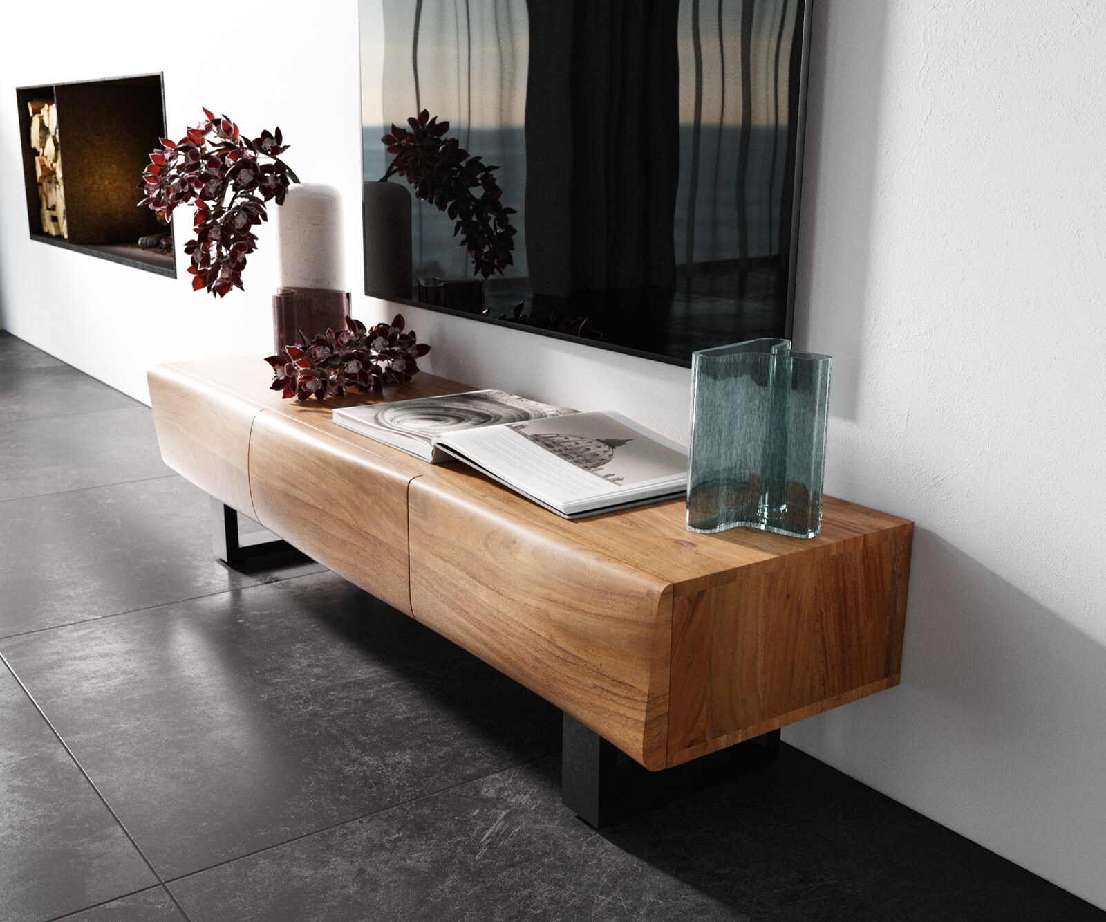 Ниска дъска New Live-Edge 145 cm естествена акация 3 вратички метален бегач черен 1