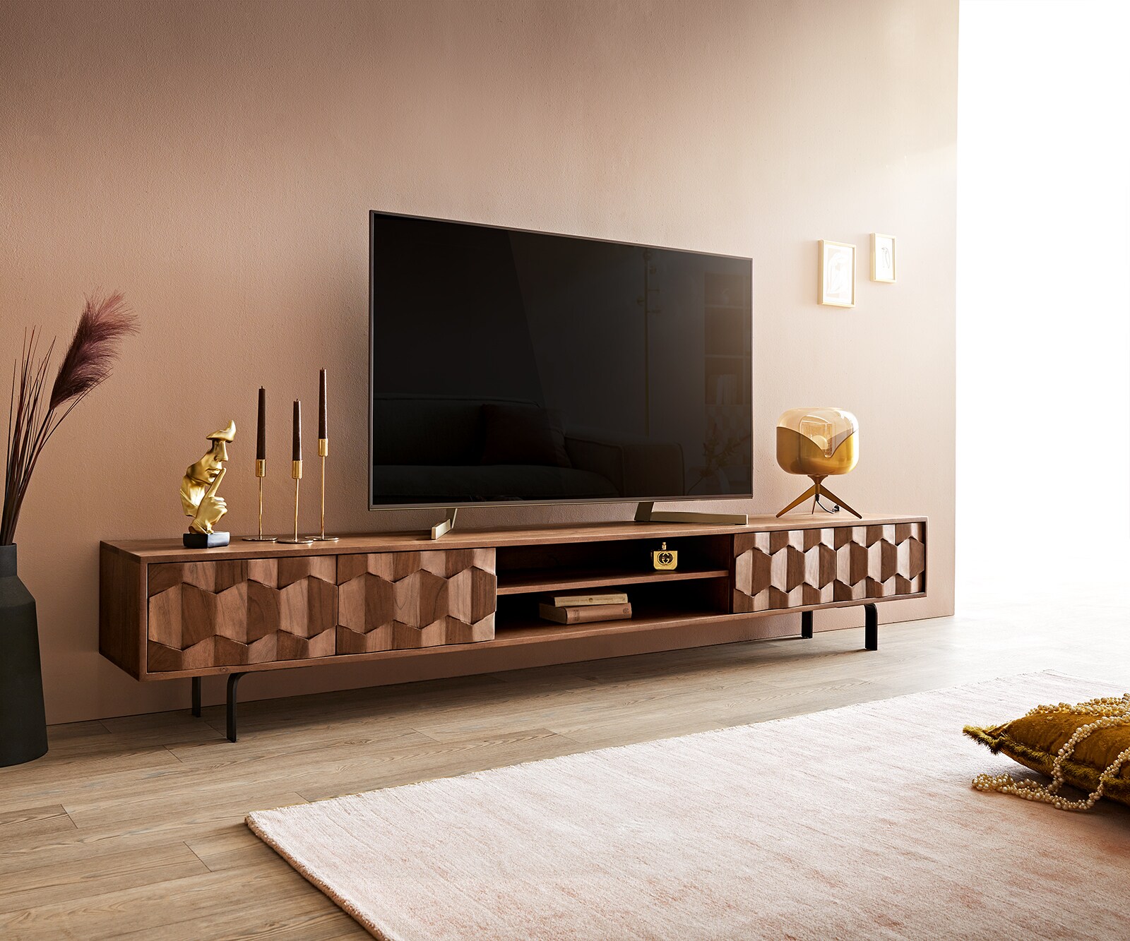 ТВ шкаф Fevo 220 cm, Масив Акация, 4 Врати, Г-Крак, Натурален  2