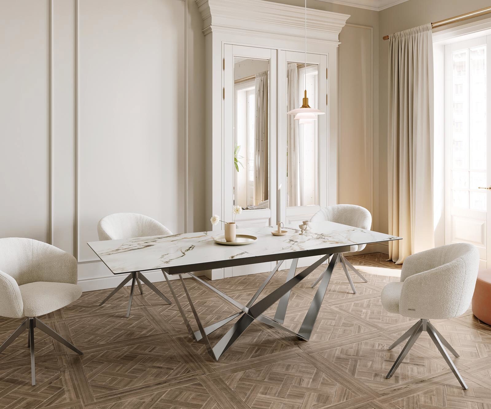 Разтегателна трапезна маса Edge 180-220x100 см Керамика Calacatta Luxe бяло-златисто-сиво Spider основа сребриста 6