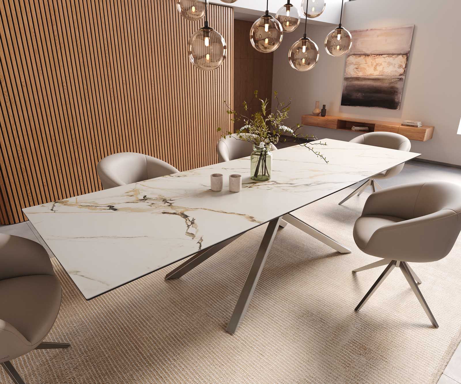 Трапезна маса Edge 300x100, керамика Calacatta Luxe, бяло-златно-сиво, кръстообразна рамка, правоъгълна, неръждаема стомана 1