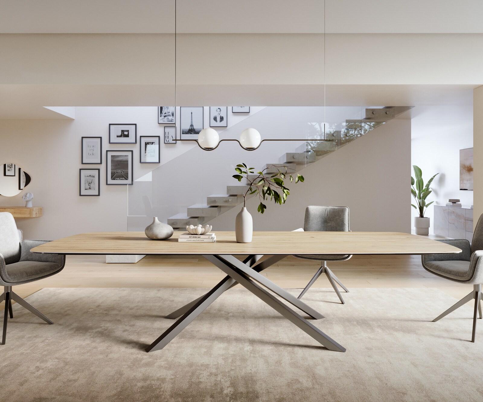 Трапезна маса Edge Boot 300x120 см, керамика Laminam „®“, цвят „Sabbia“ (дъбов), кръстообразна рамка, правоъгълна, неръждаема стомана, графит 2