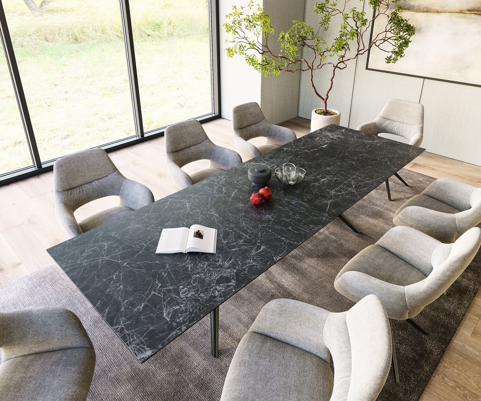 Трапезна маса Edge 300x100, керамика Laminam „®“, „Nero Greco“, „Anthrazit“, „Estelar“, кръгла, метал, черна 3
