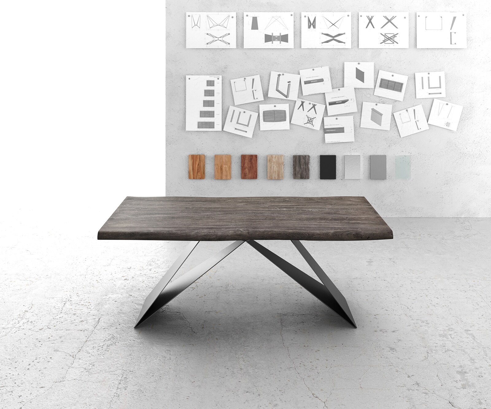 Маса 200x100 XL Акация Платинен цвят V-Рамка плоска стомана Черен Edge 1