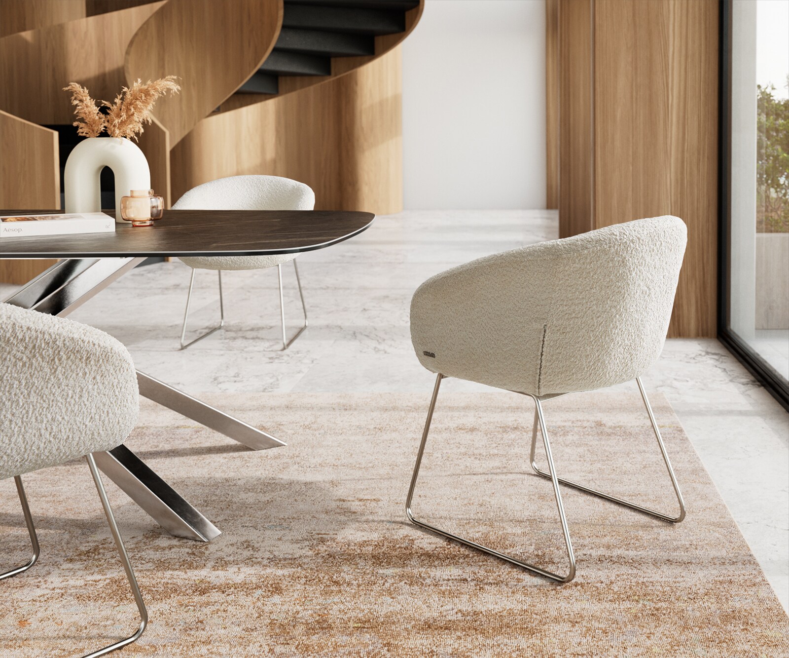 Трапезен стол с подлакътници Букле Бял Извити крака Неръждаема стомана Покет пружина Vinka-Flex 4 Трапезен стол с подлакътници Букле Бял Извити крака Неръждаема стомана Покет пружина Vinka-Flex 4