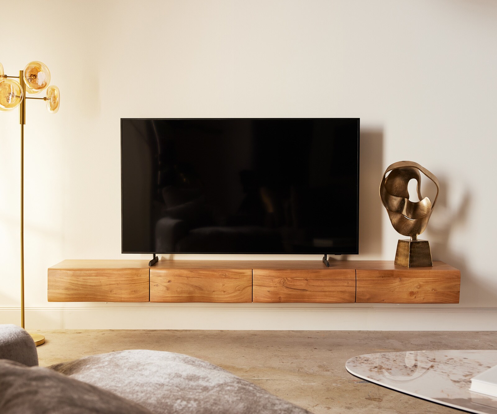 Стенен ТВ шкаф New Live-Edge 240 cm Масив Акация 4 Чекмеджета Натурален цвят 1