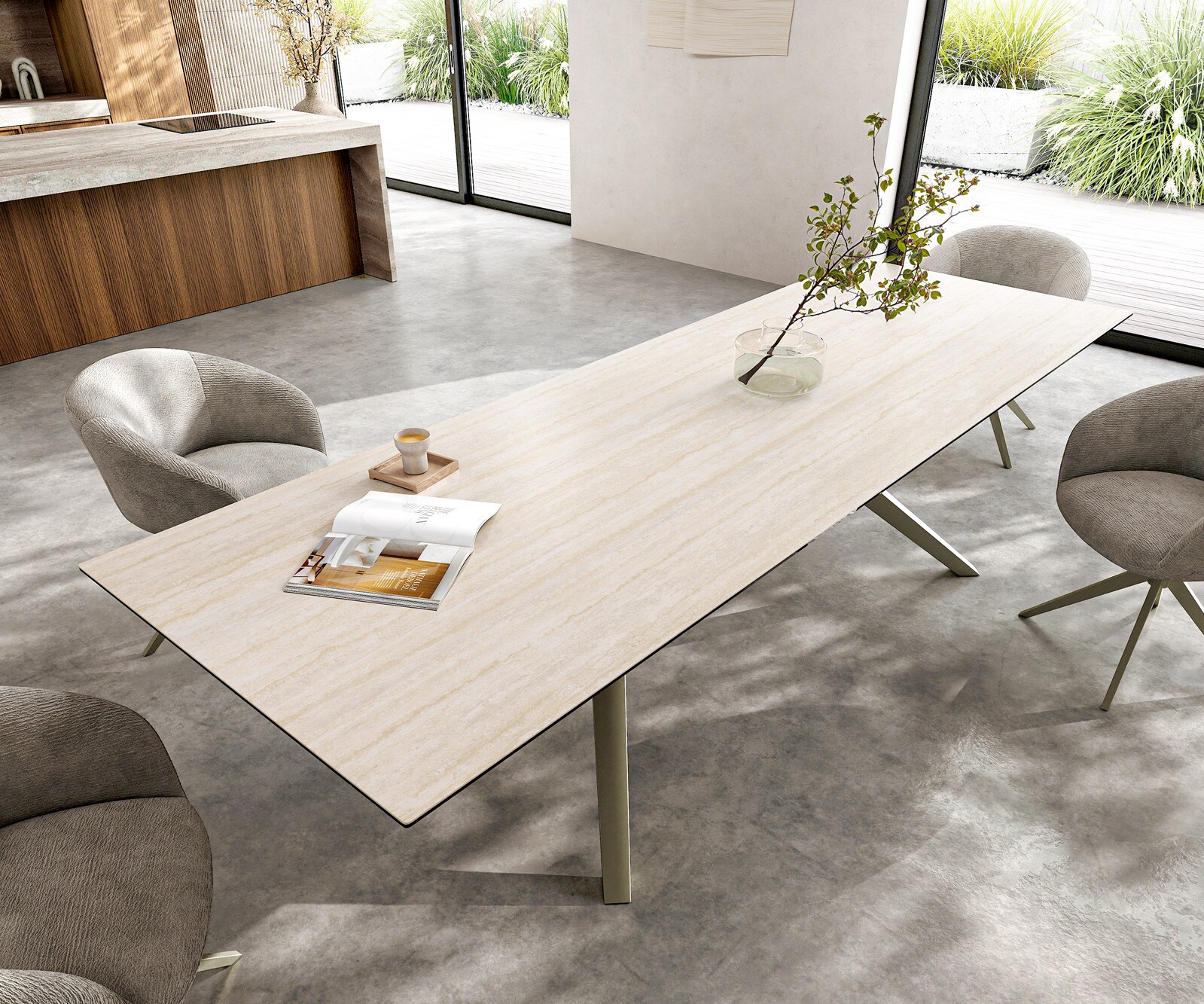Трапезна маса Edge 300x100, керамика Laminam „®“, Travertino Bianco, кремаво-бяла, Zenthara, с остри ръбове, метално покритие с ефект „Титан“ 4