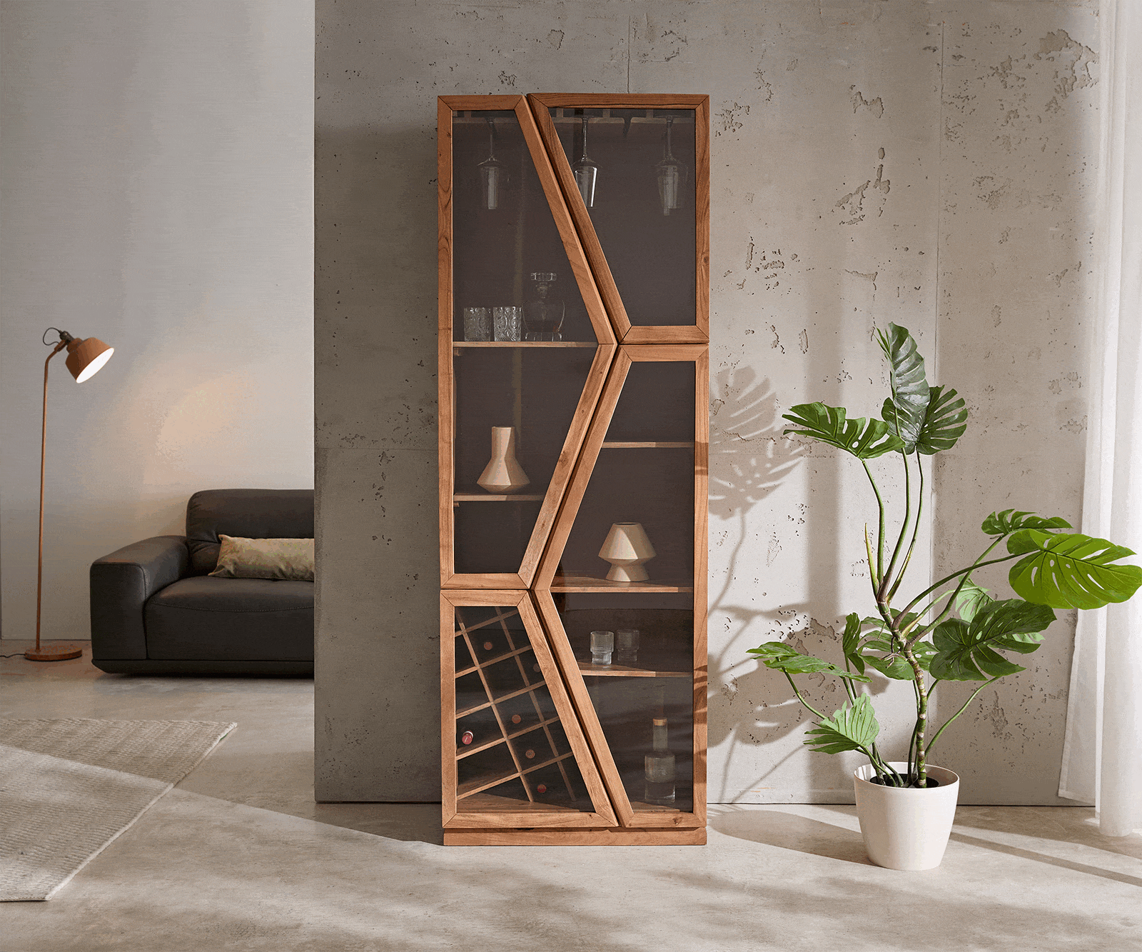 Витрина Taza 75x210 см, естествена акация, 4 врати, шкаф за алкохол 3