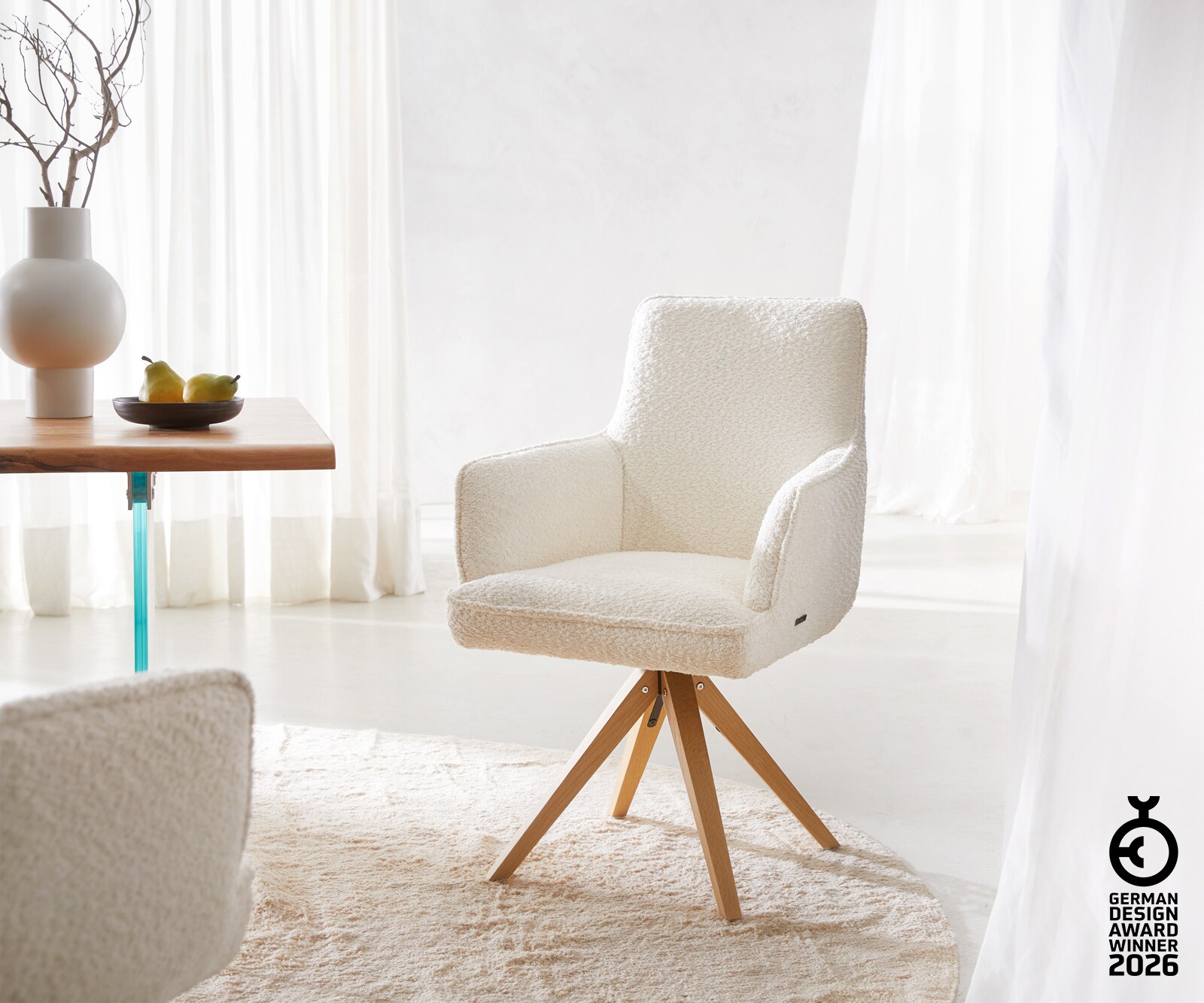 Врътящ се стол с подлакътници Букле Бял Дървена рамка  Натурал 180° въртящ се Покет пружина Heira-Flex