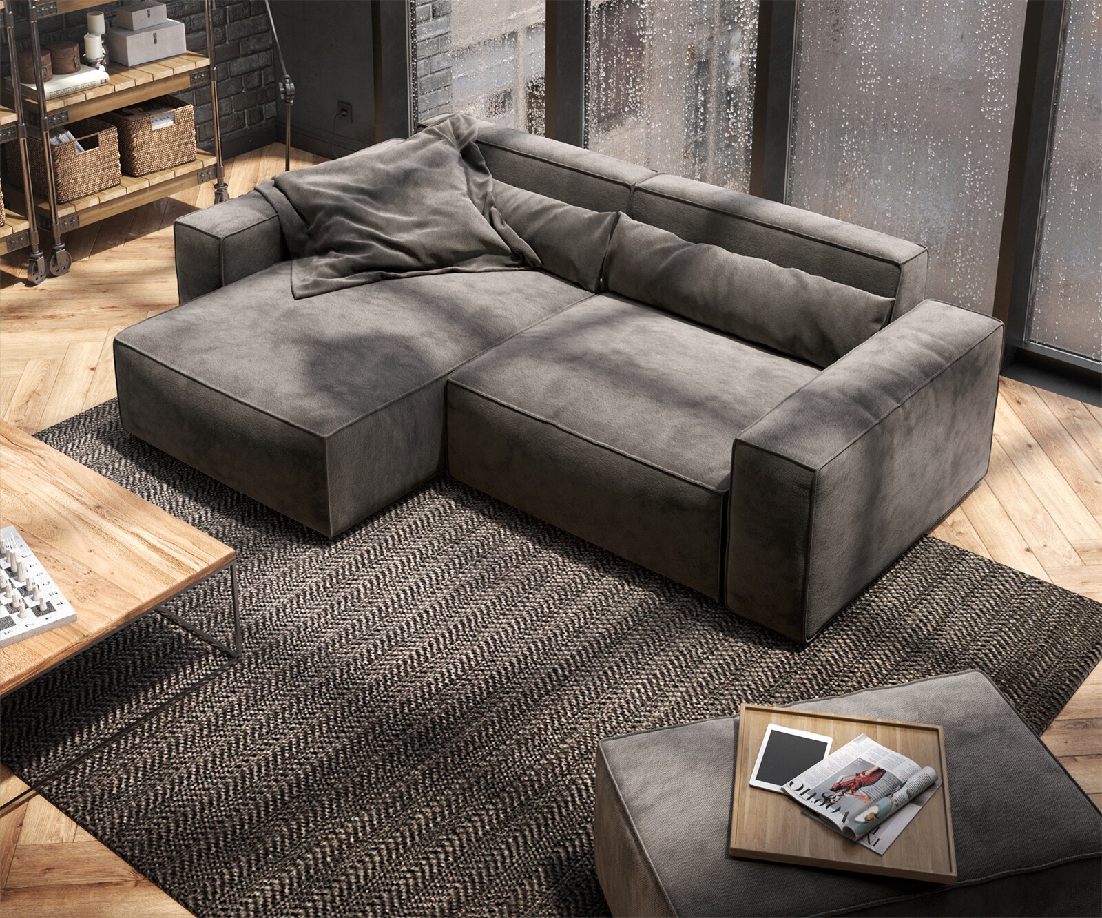 Ъглов диван L 260x160 cm Микрофибър КакиКафяв Варианти лежанка с табуретка Sirpio 3