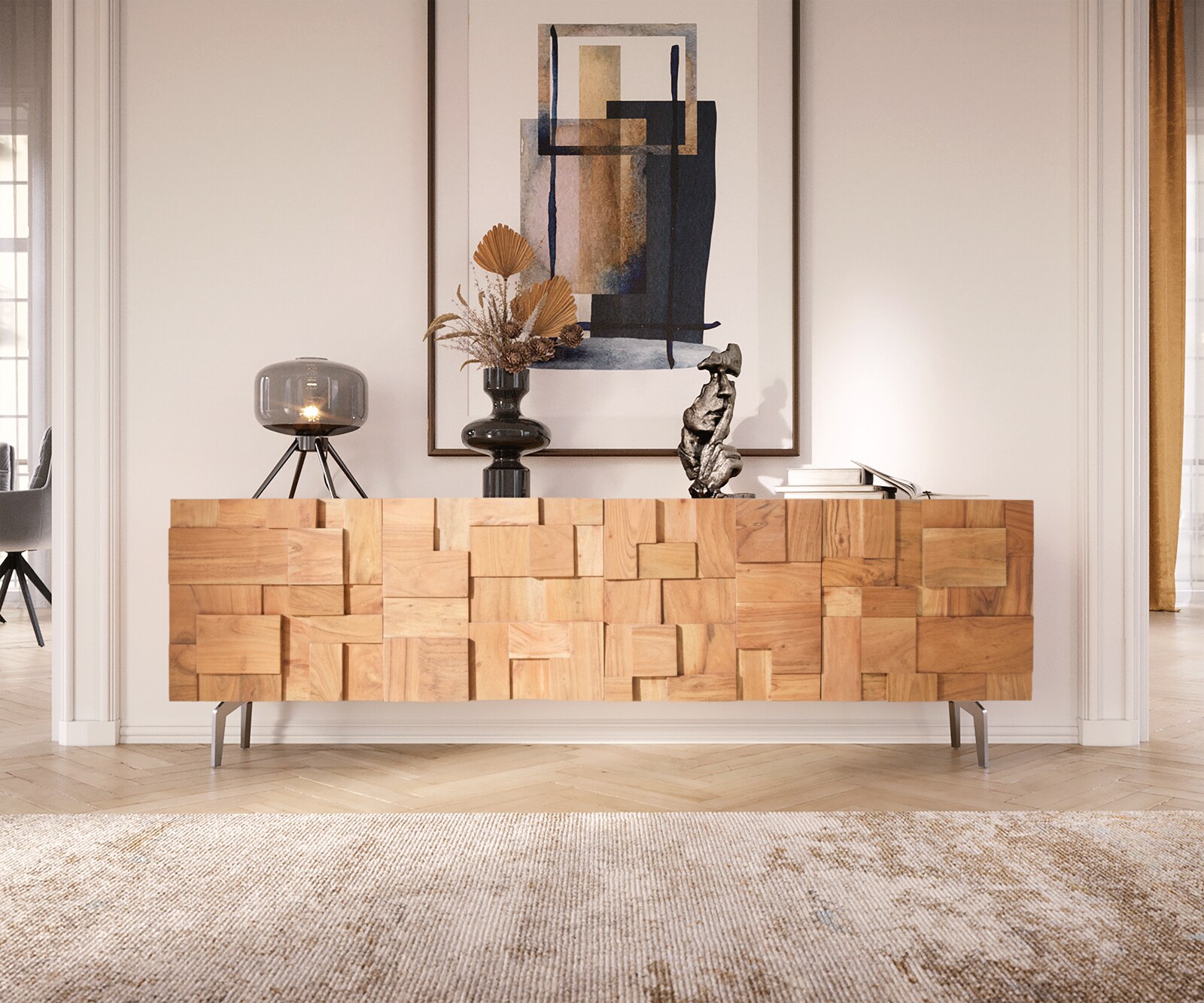 ТВ шкаф 175 cm 4 Врати Акация Натурал винкелКрак Неръждаема стомана Puzzle 1 ТВ шкаф 175 cm 4 Врати Акация Натурал винкелКрак Неръждаема стомана Puzzle 1