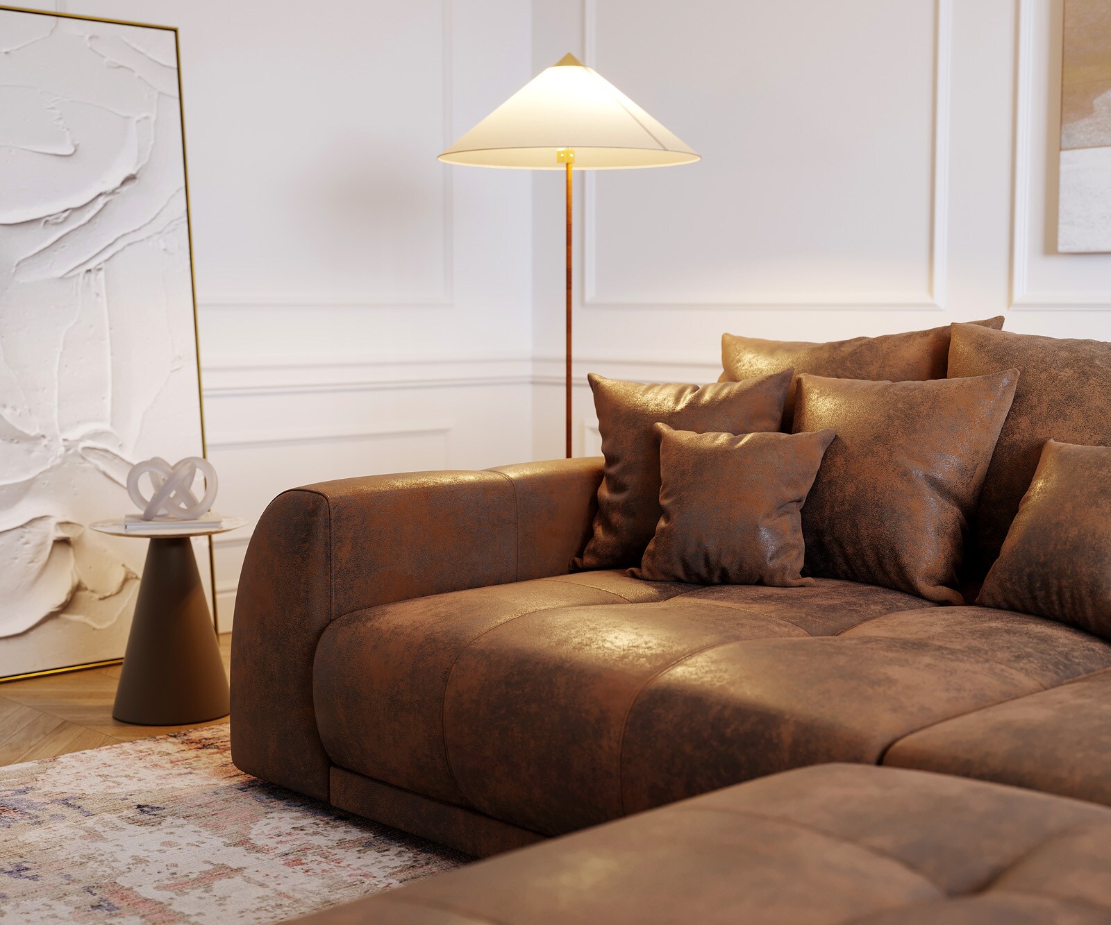 Голям диван 310x135 Кафяв Античен вид с табуретка възглавници Violetta 4 Голям диван 310x135 Кафяв Античен вид с табуретка възглавници Violetta 4