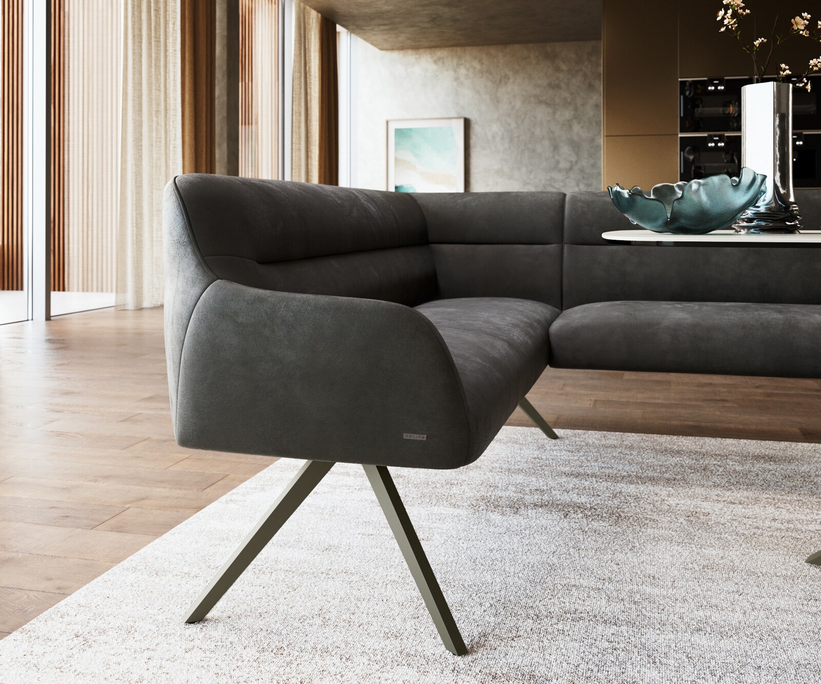 Тапицирана ъглова пейка Taya-Flex 285х190 см, Дясна, Кръстосани основи титан, Покет пружини, Дамаска Микрофибър, Винтидж Антрацит 5
