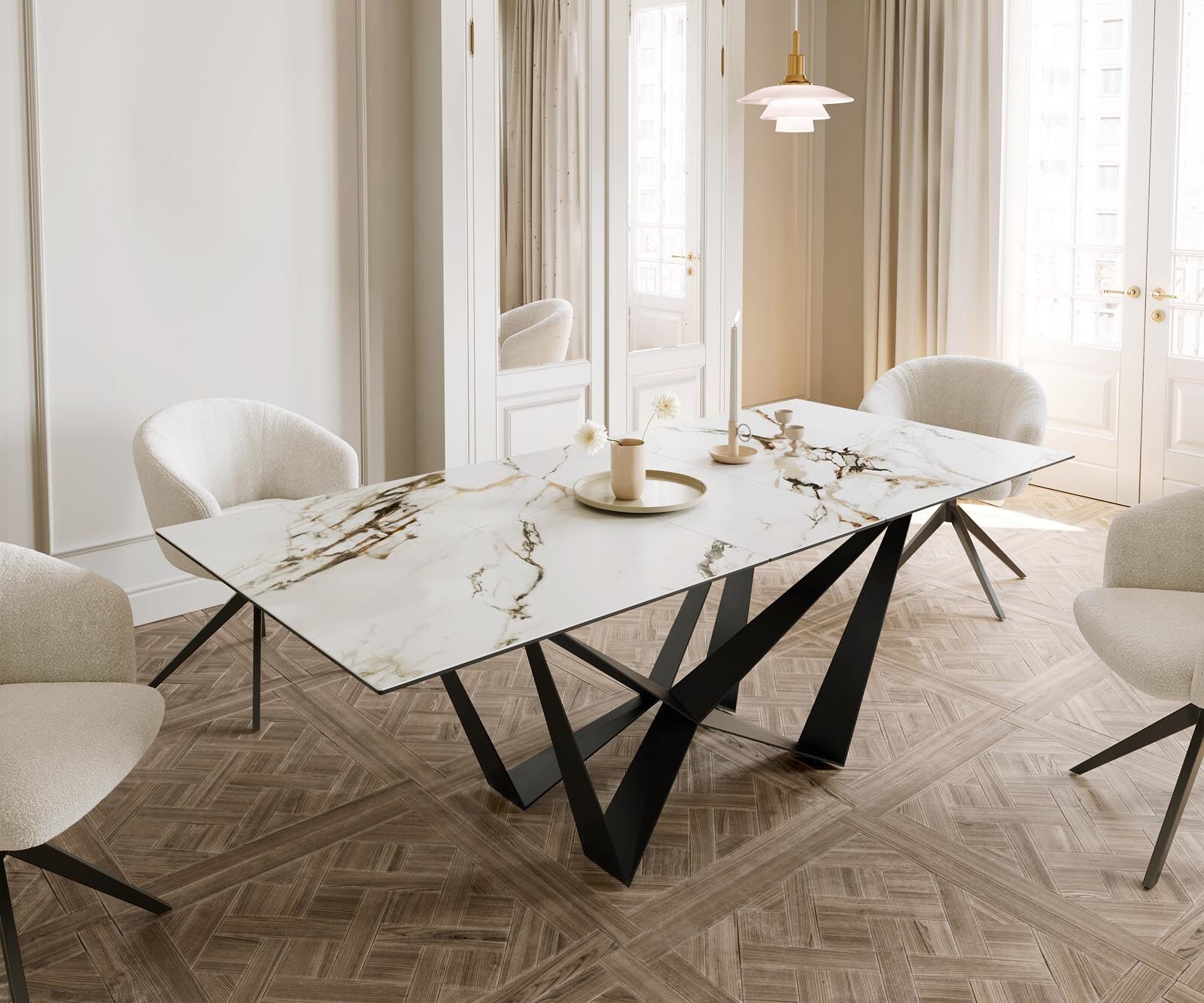 Маса 180-220x100 Keramik Calacatta Luxe Бял-Злато-Сив Spider плоска стомана Черен разтегателна Edge