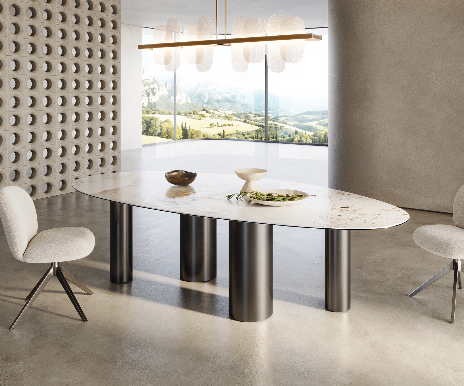 Трапезна маса Edge Oval 280x130, керамика Minas Melange в бяло-бежово, Pilier от неръждаема стомана в графитен цвят 3