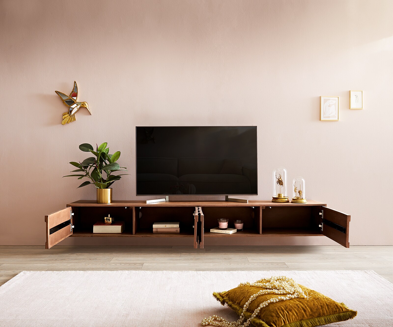 ТВ шкаф за стена Fevo 200 cm Масив Акация, 4 Врати, Кафяв 3