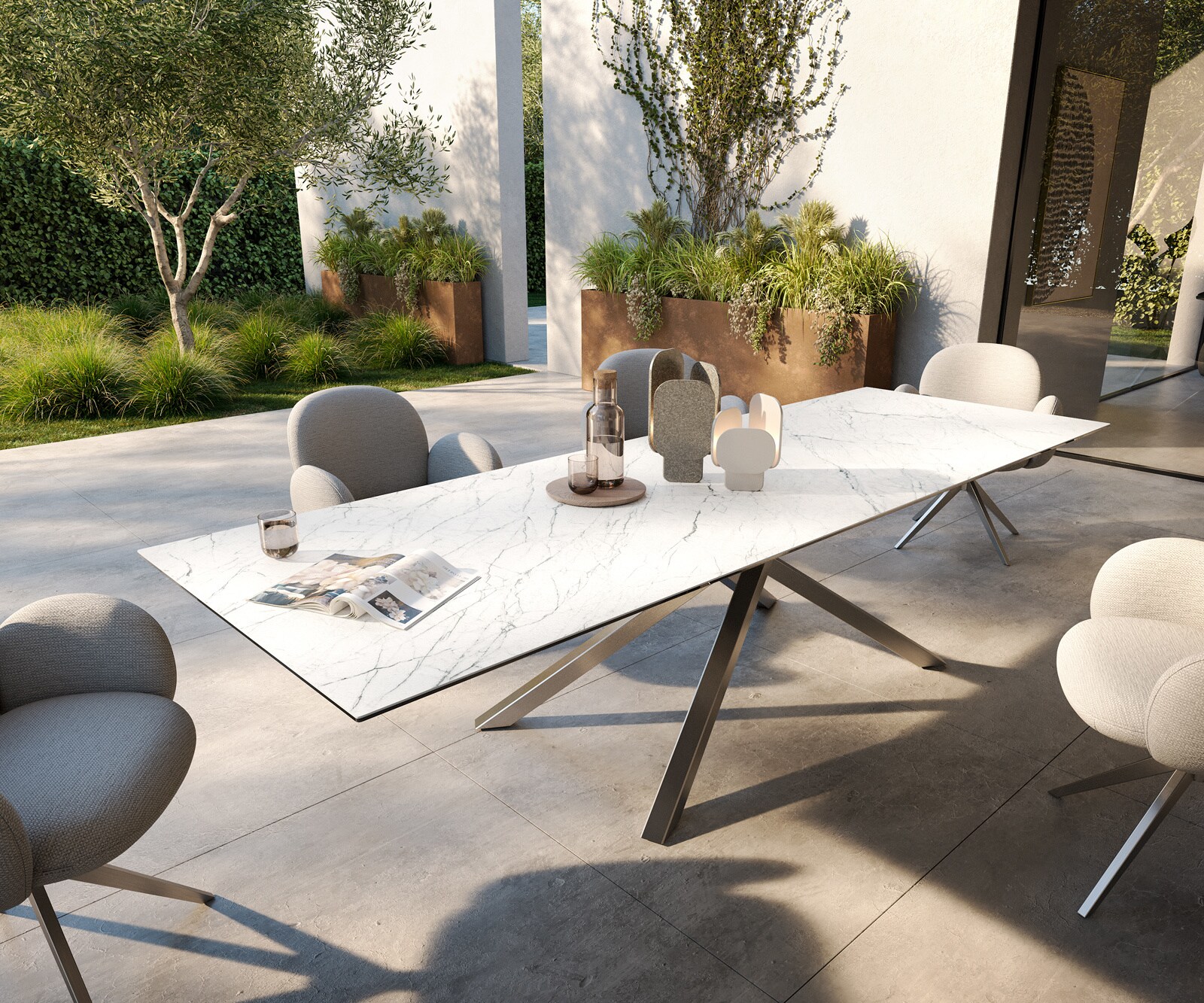 Луксозна външма маса Edge 300x100 см, керамичен правоъгълен плот Laminam ® Statuarietto, Кръстовидна основа, Бял/Сребристосив