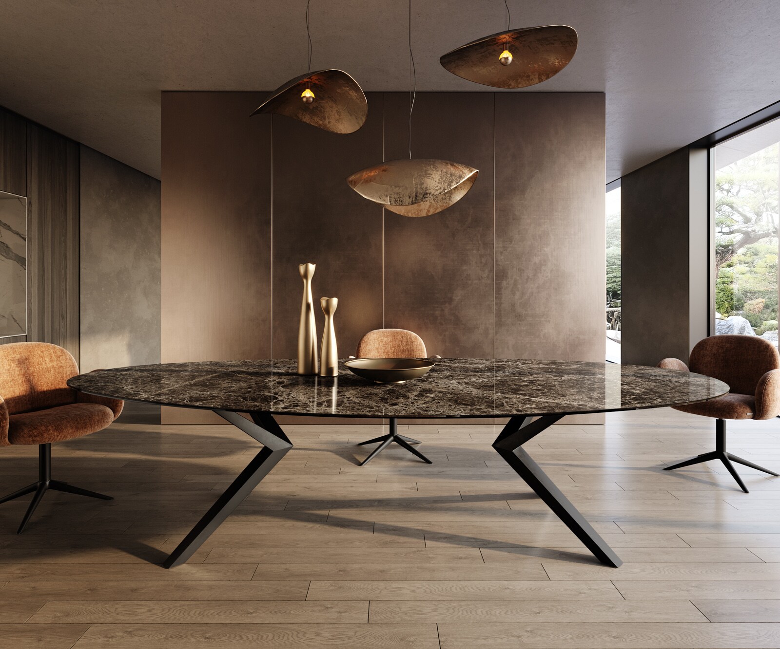 Трапезна маса Edge Oval 315x150, керамика Laminam „®“, Emperador Extra Lucidato, тъмнокафяво, Zenthara, с остри ръбове, метал, черно 1