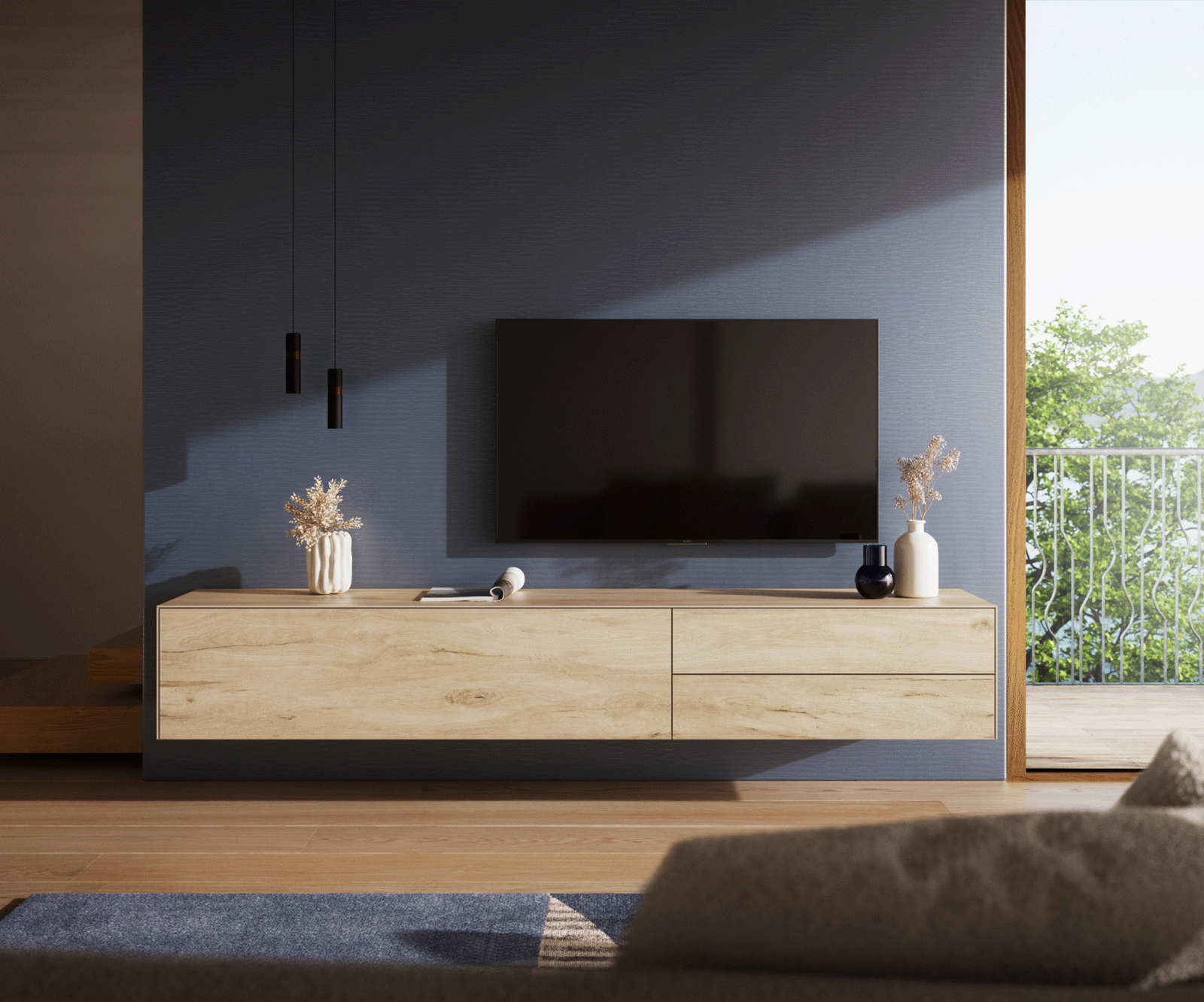 Стенен ТВ шкаф Cuor 220 см Керамика Laminam® Sabbia Дъб цвят 1 врата 2 чекмеджета  1