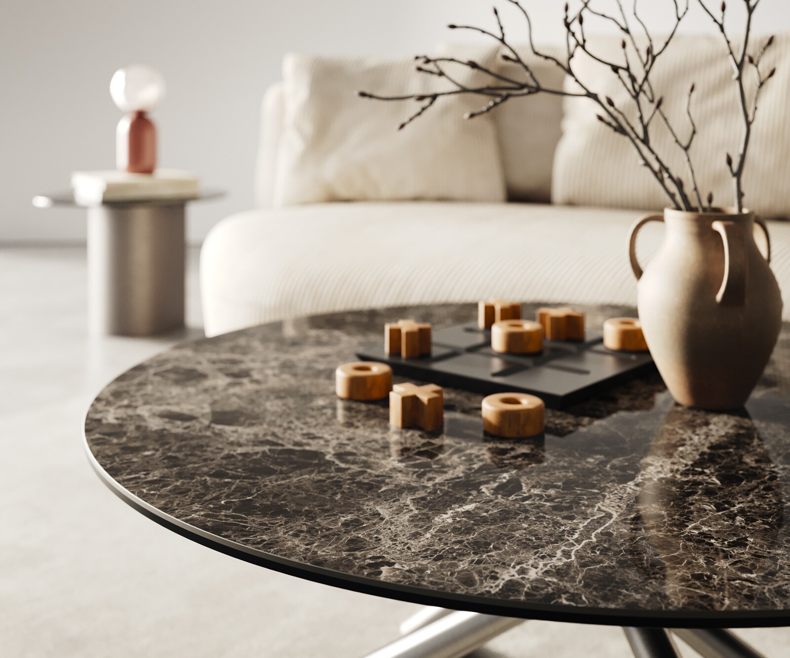 Масичка за кафе Edge Round 90x90 cm Керамичен ламинат® Emperador Extra Lucidato Тъмнокафяво Sarity Матирана неръждаема стомана 4