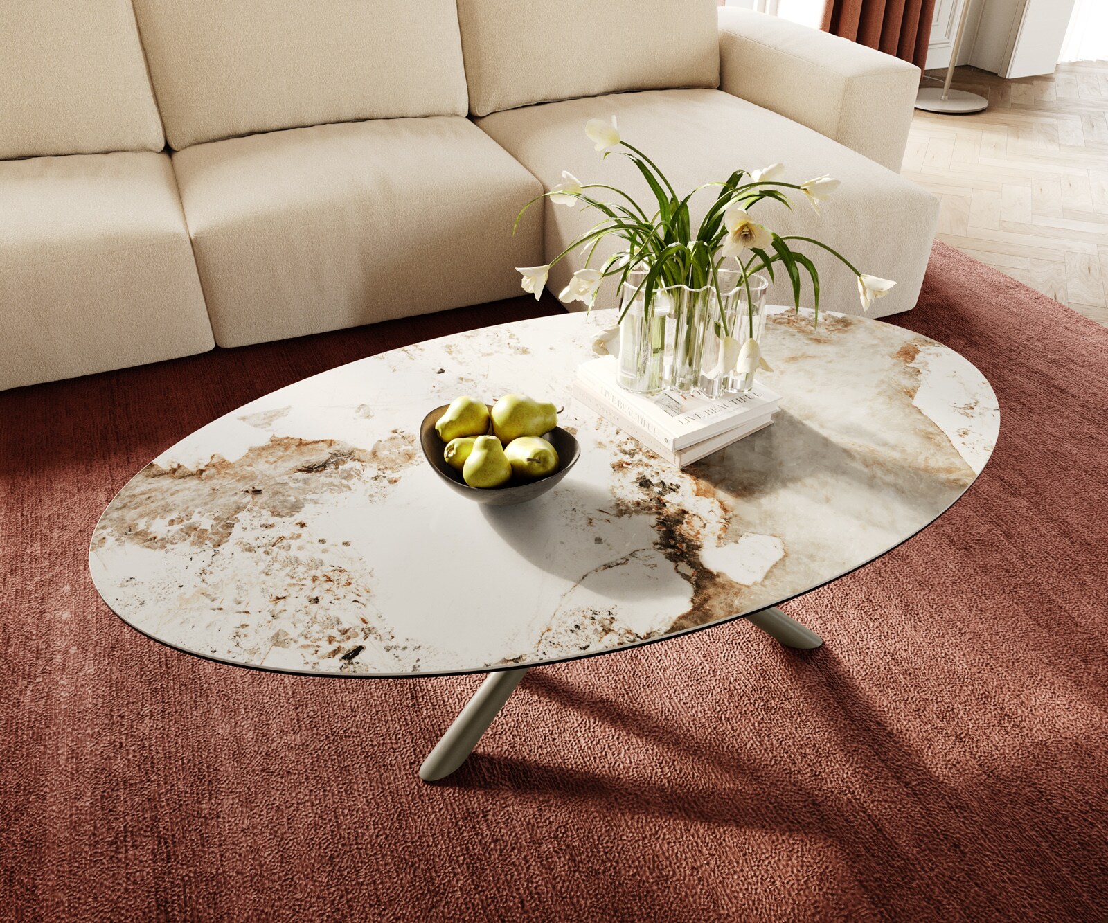 Масичка за кафе Edge Oval 140x80 cm керамика Minas Melange Sarity метален ефект покритие титан 4