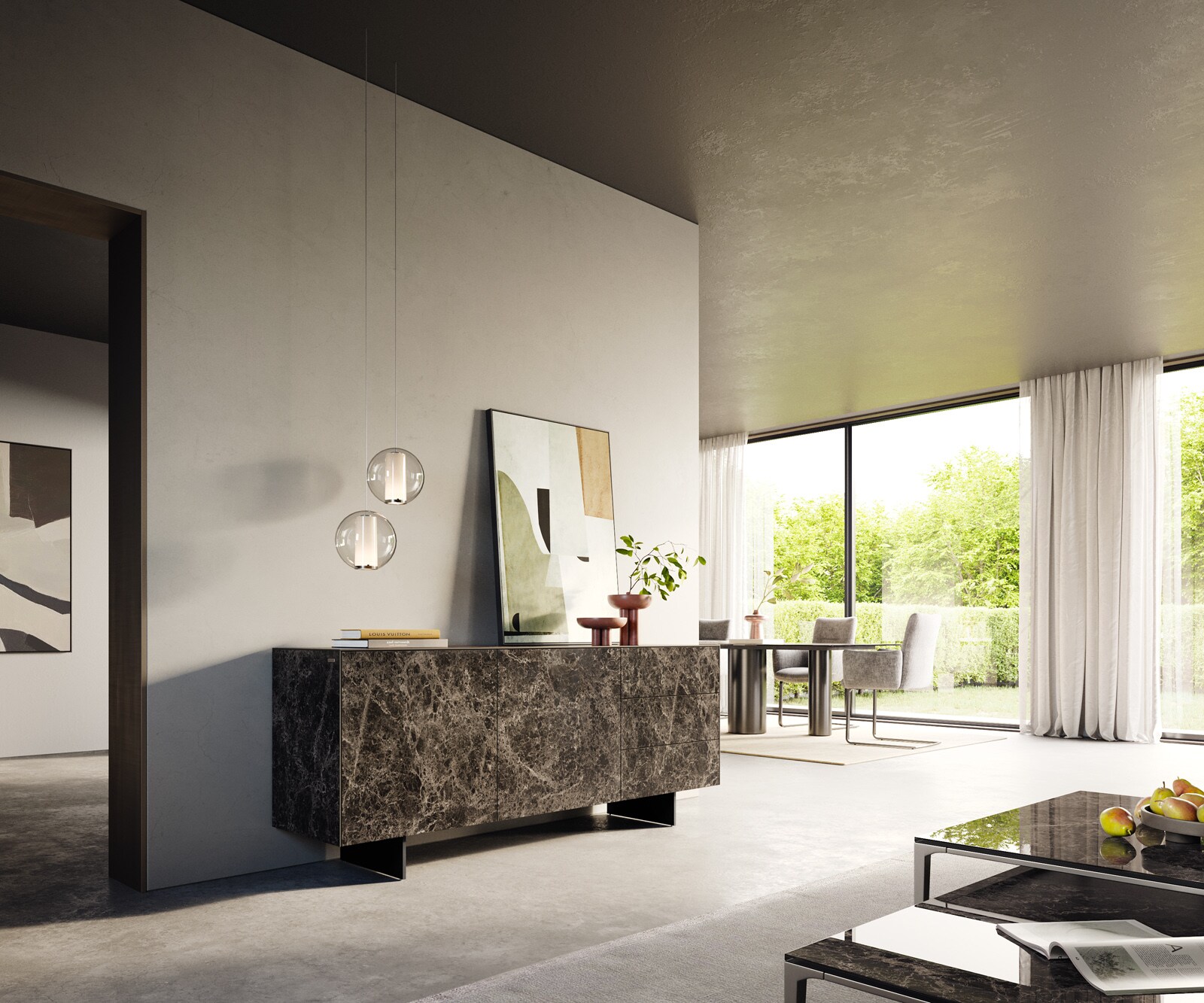 Бюфет Cuor 180 cm Керамичен ламинат® Emperador Extra Lucidato Тъмно кафяво 2 врати 3 чекмеджета Основа Окачен вид Метал Черен 7