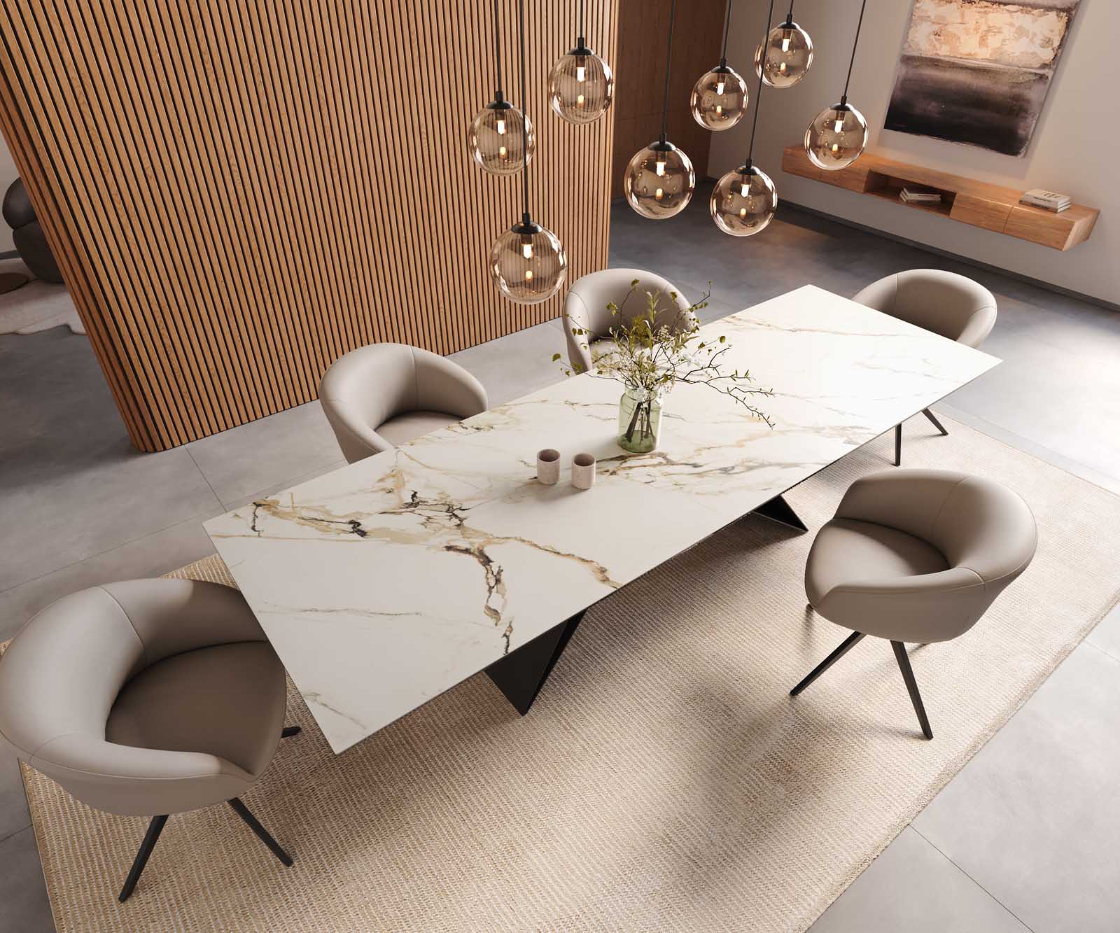 Трапезна маса Edge 300x100, керамика Calacatta Luxe, бяло-златно-сиво, V-образна рамка от плоска стомана, черна 6