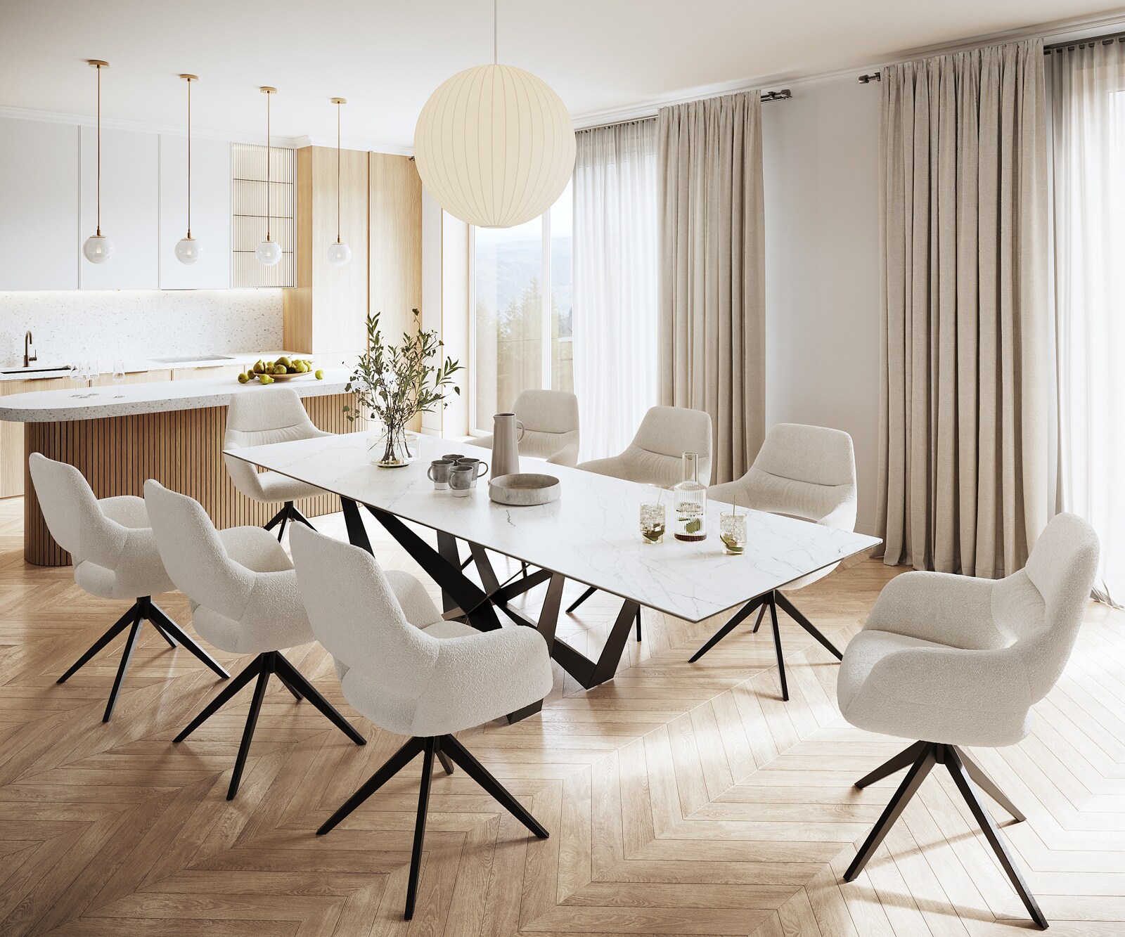 Маса 300x100cm Keramik Laminam®Statuarietto Бял среден крак плоска стомана Черен Edge 5