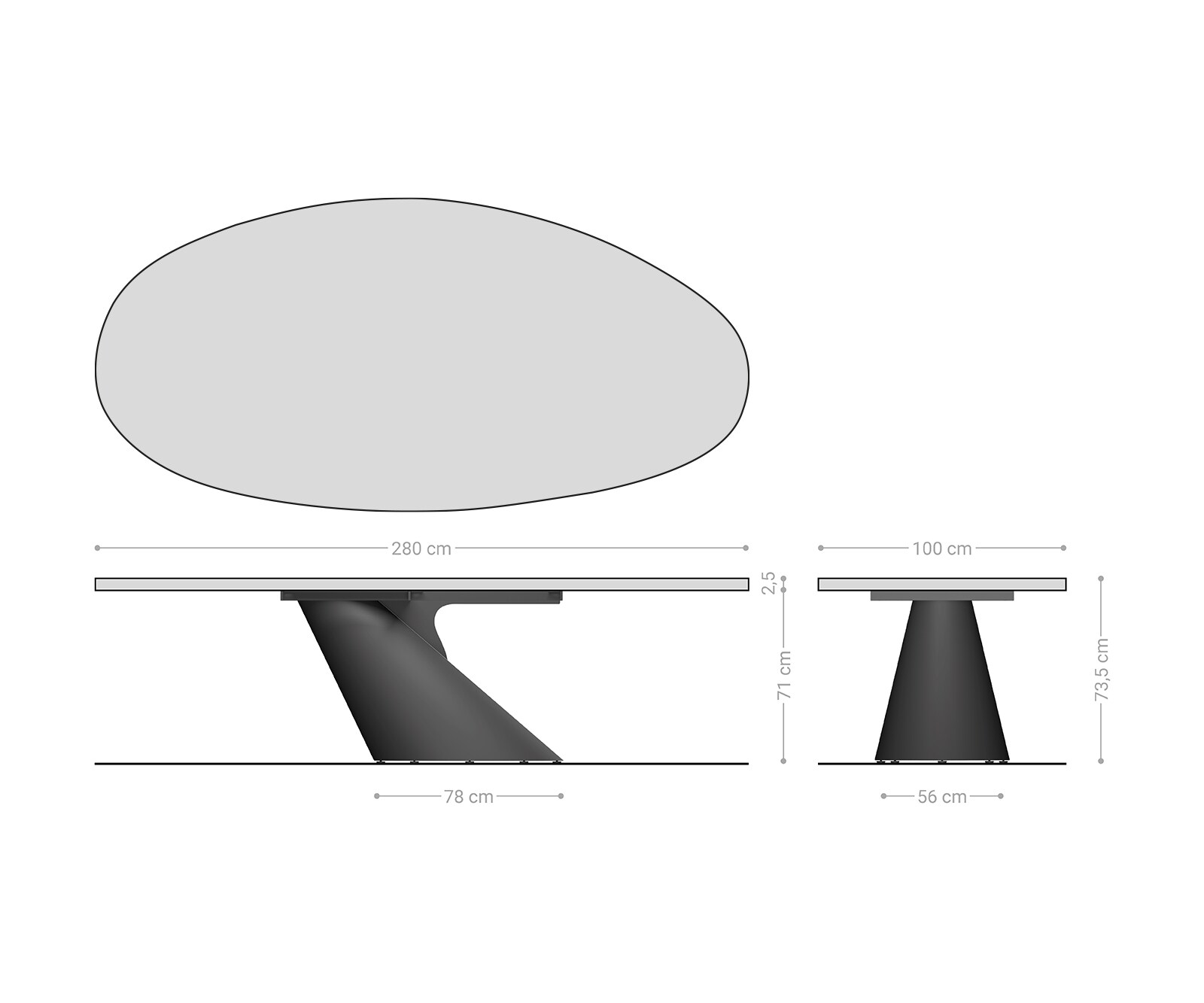 Трапезна маса Edge Oval 280x130x2,5, естествен дъб, Cono Metallic Silver, Flow-Edge 6