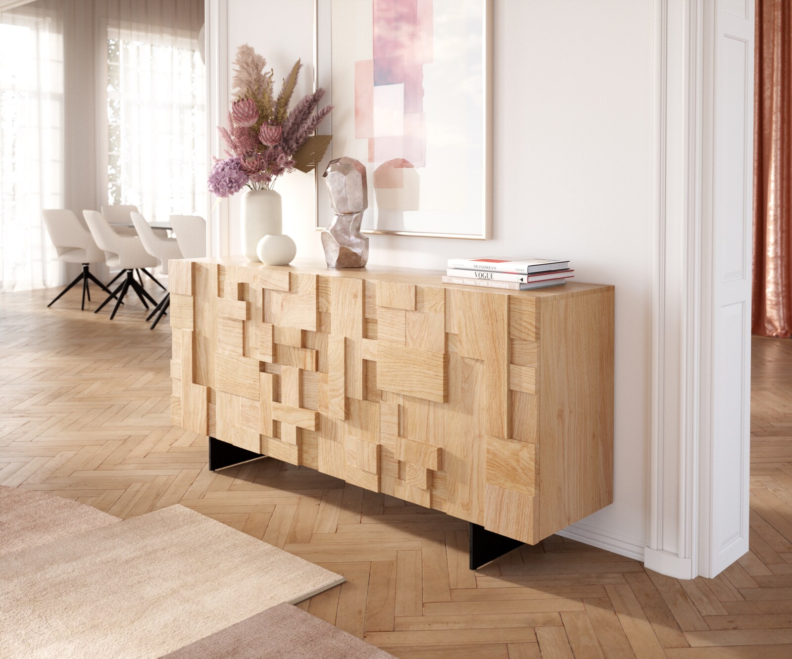 Бюфет Пъзел 175 см естествен дъб 3 врати основа плаващ метал черен 3