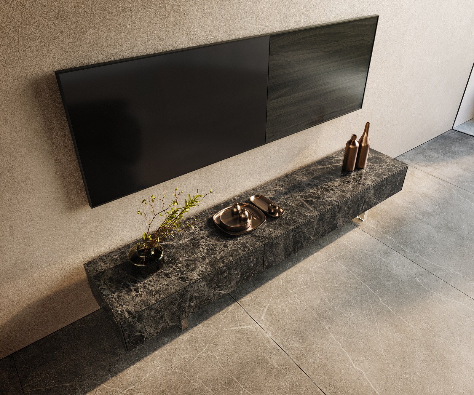 ТВ шкаф Cuor 200 см Керамика Laminam® Emperador Extra Lucidato Тъмно-кафяво 1 врата 1 чекмедже Основа Акрилно стъкло 3