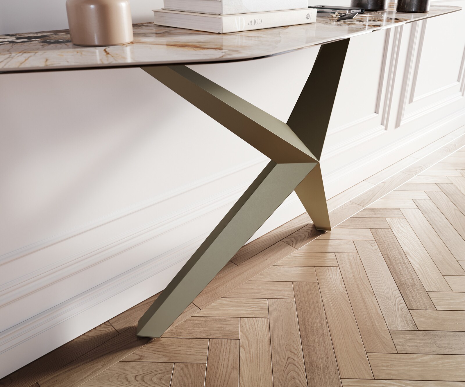 Конзолна маса Edge Polygonal 180x50 см, керамика Patagonia, полирана, Zentharo, метално покритие с ефект титан 6