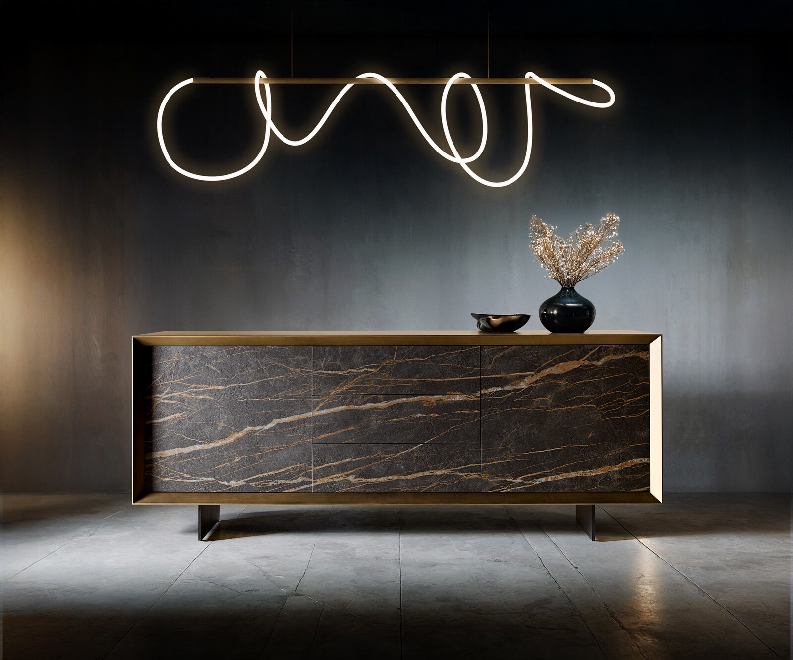 Шкаф Yori 200 cm Metallic Gold 2 врати 3 чекмеджета Ceramic Laminam®Noir Desir Brown
